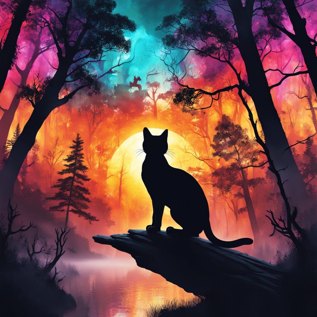 Fantasy Cat Silhouette Filled with Forest and Sunset