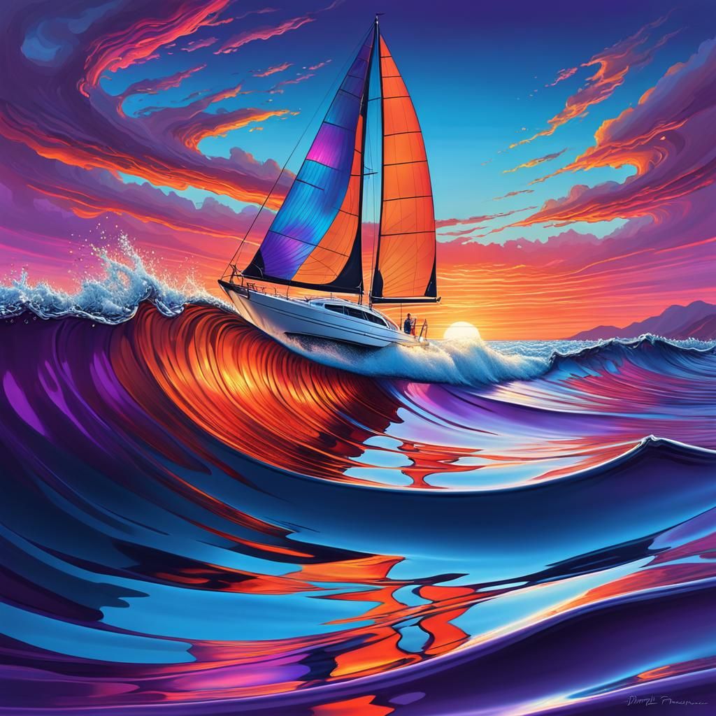 Scarlet Sailboat Gliding on Azure Waves at Sunset
