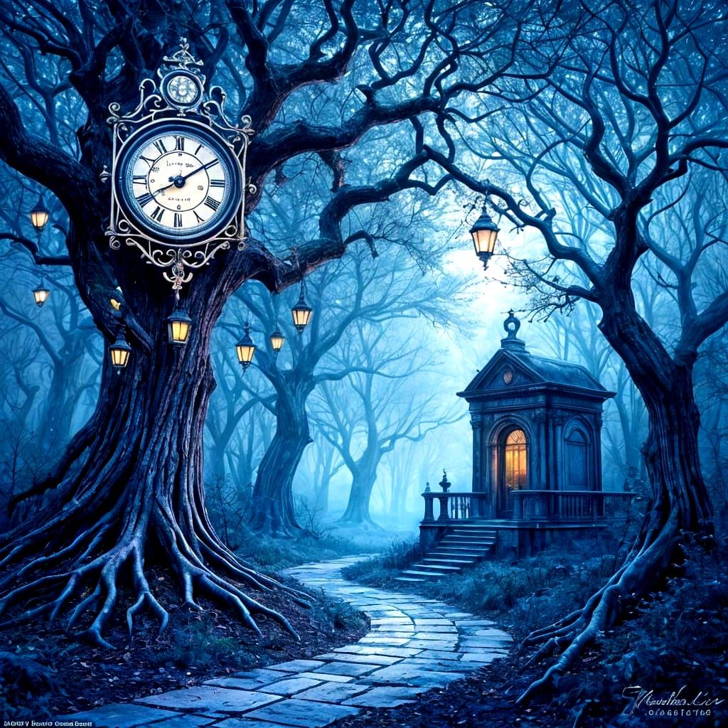 Gothic Forest Twilight with Clockwork Trees and Ethereal Lig...