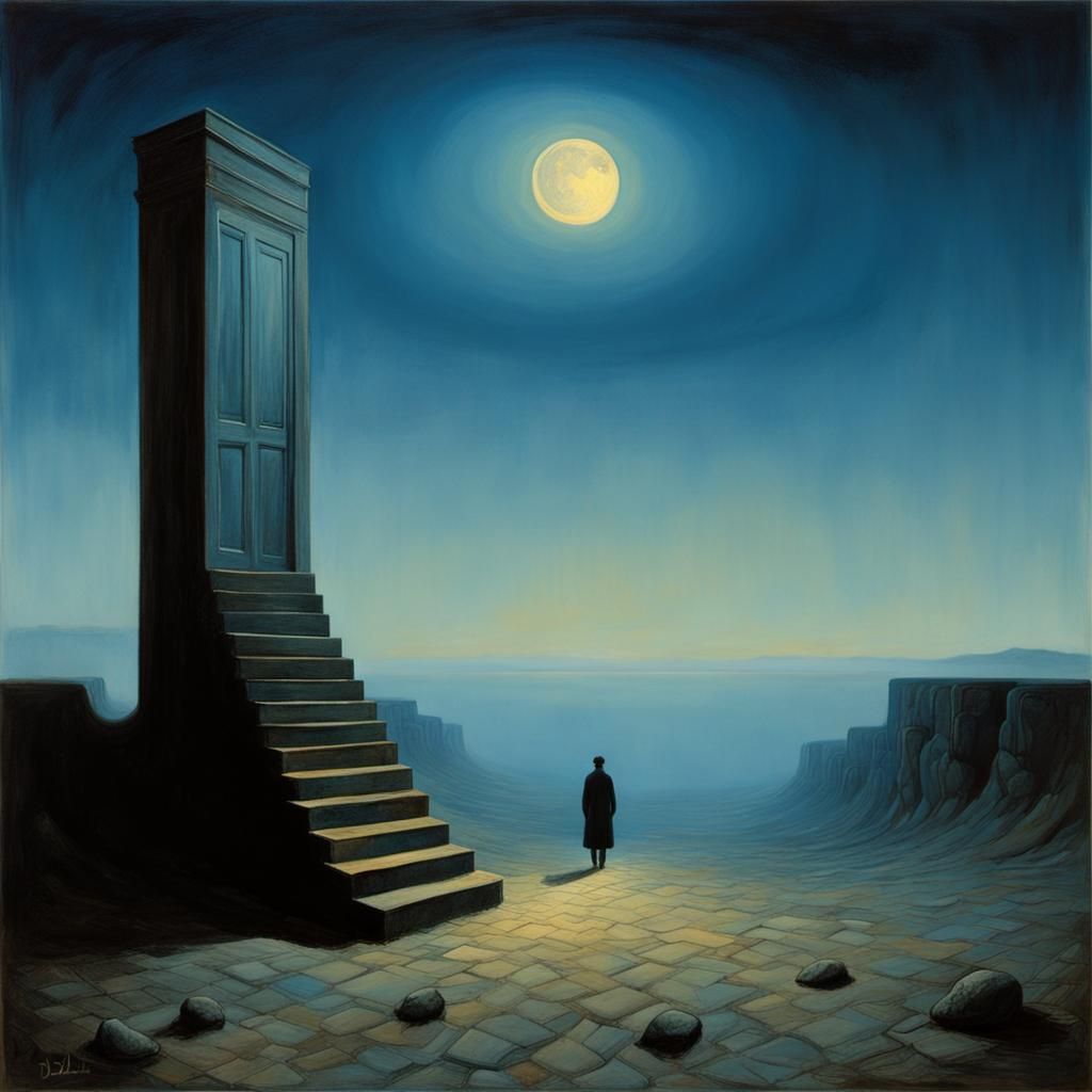 Surreal Blue Dreamscape: A Solitary Figure in Oil