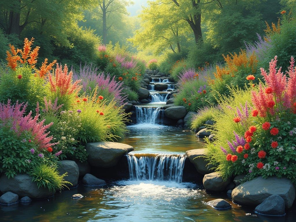 Lush Garden Oasis with Gentle Waterfall
