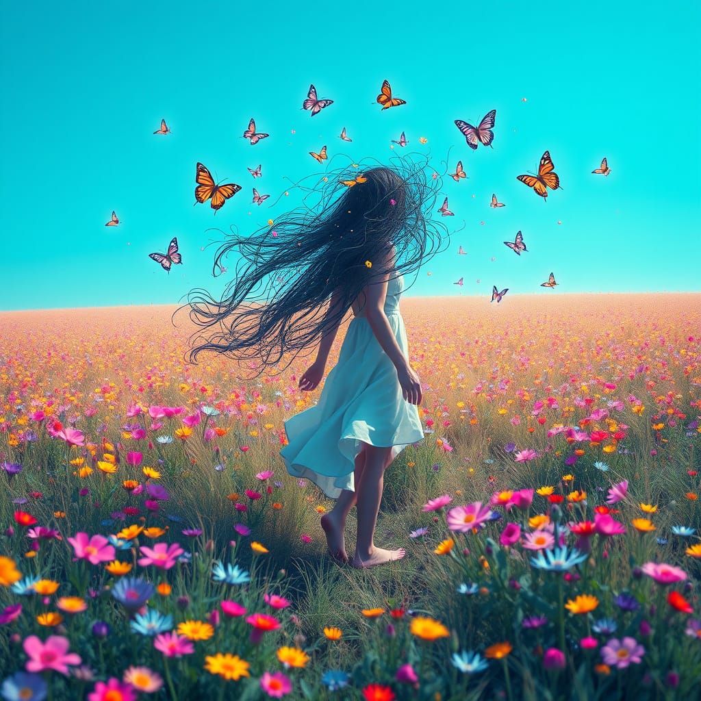 Surreal Bioluminescent Landscape with Floral Hair and Fracta...