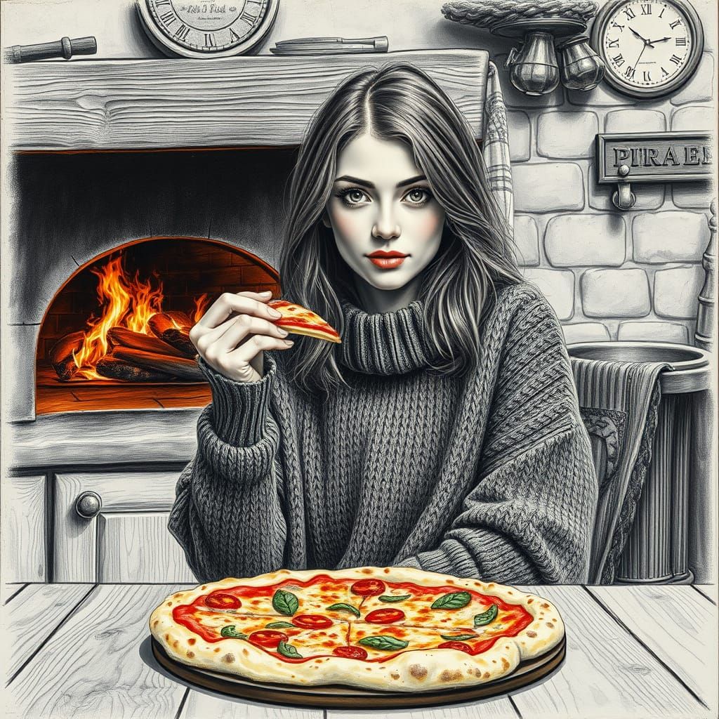 Hyperrealistic Charcoal Drawing of Woman Eating Pizza