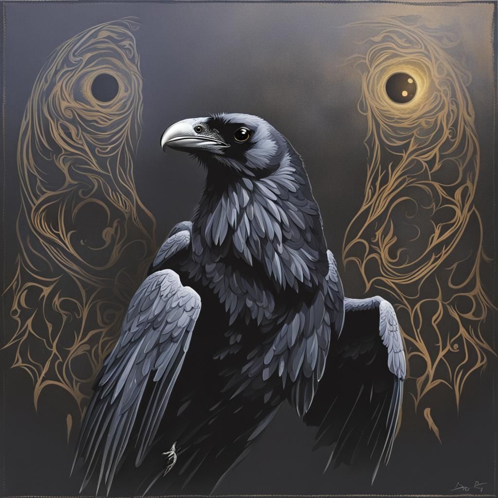 Raven with Winged Eyes Flying in Darkness