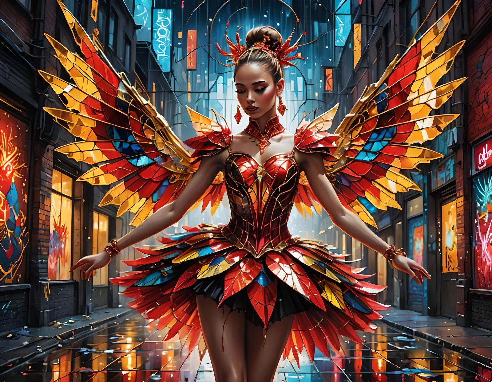 Ballerina in Graffiti Splash Art with Neon Dragon