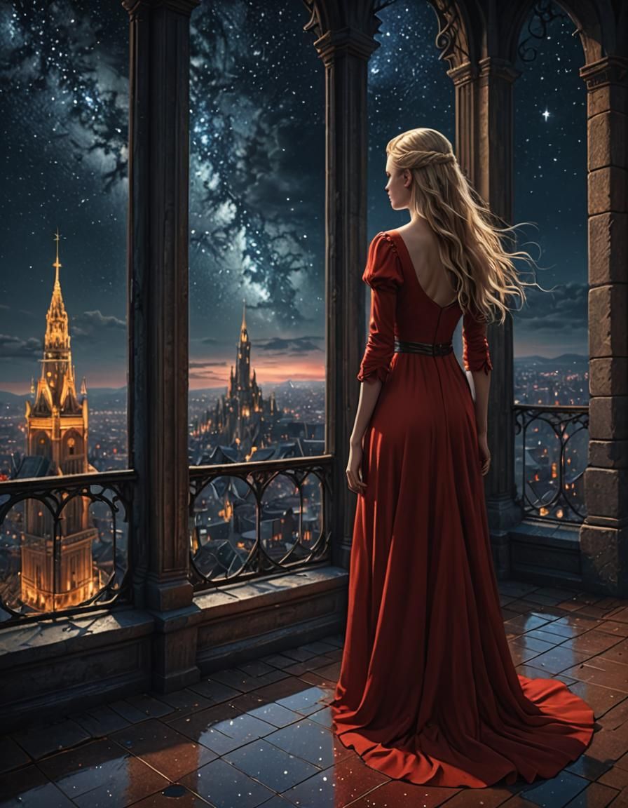 Blonde Woman in Tower at Night, Fantasy Art