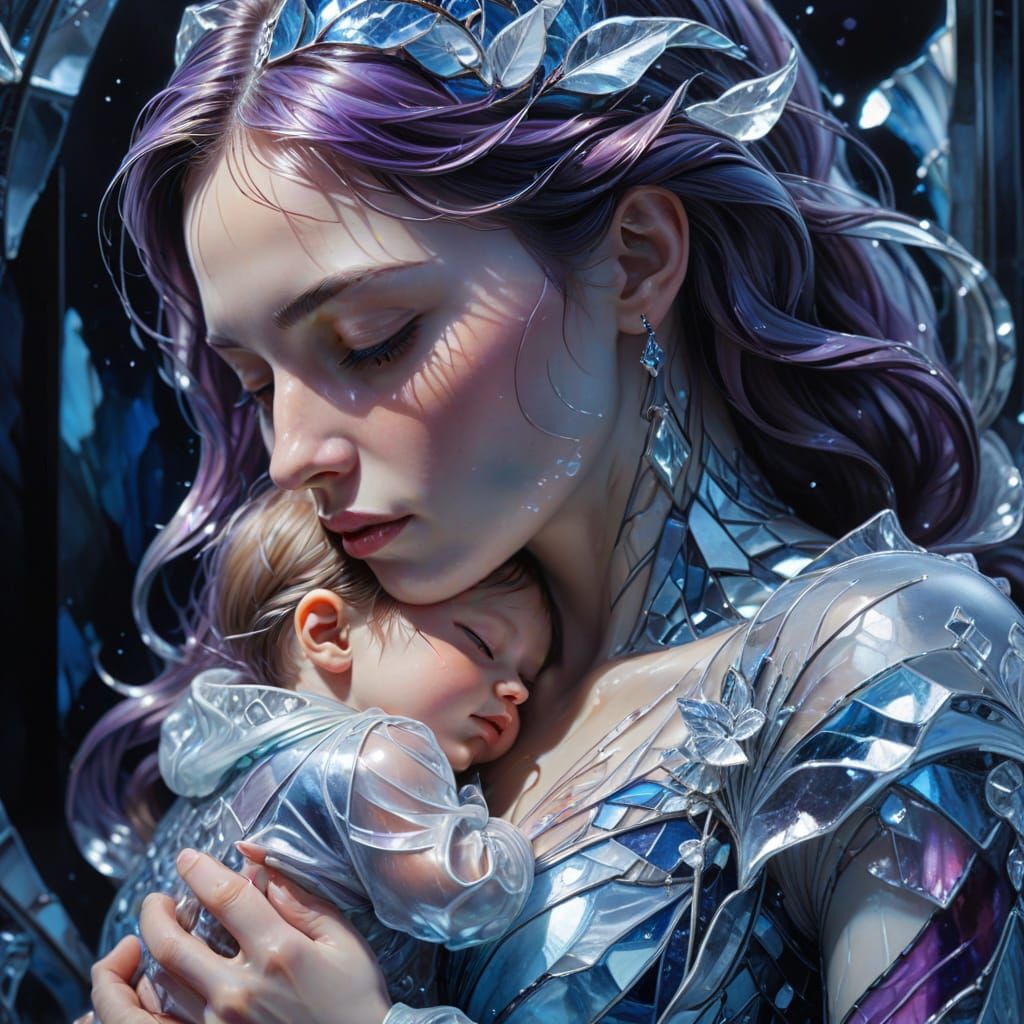 Mother of Ice and Child in Luminous Stained Glass Style