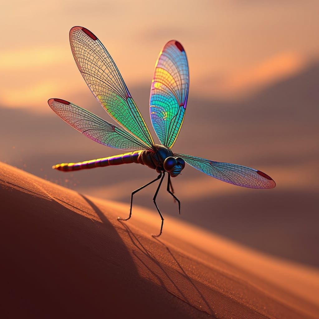 Surreal Desert Dragonfly in Vibrant Iridescence