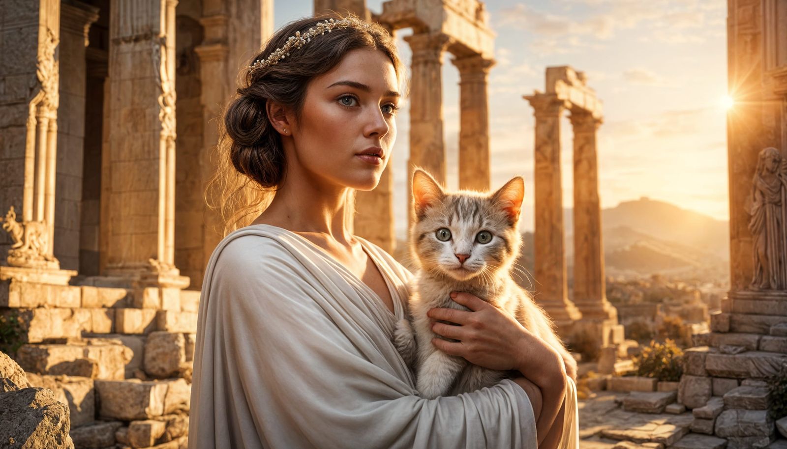Greek Goddess in Marble Sculpture Holding a Kitten