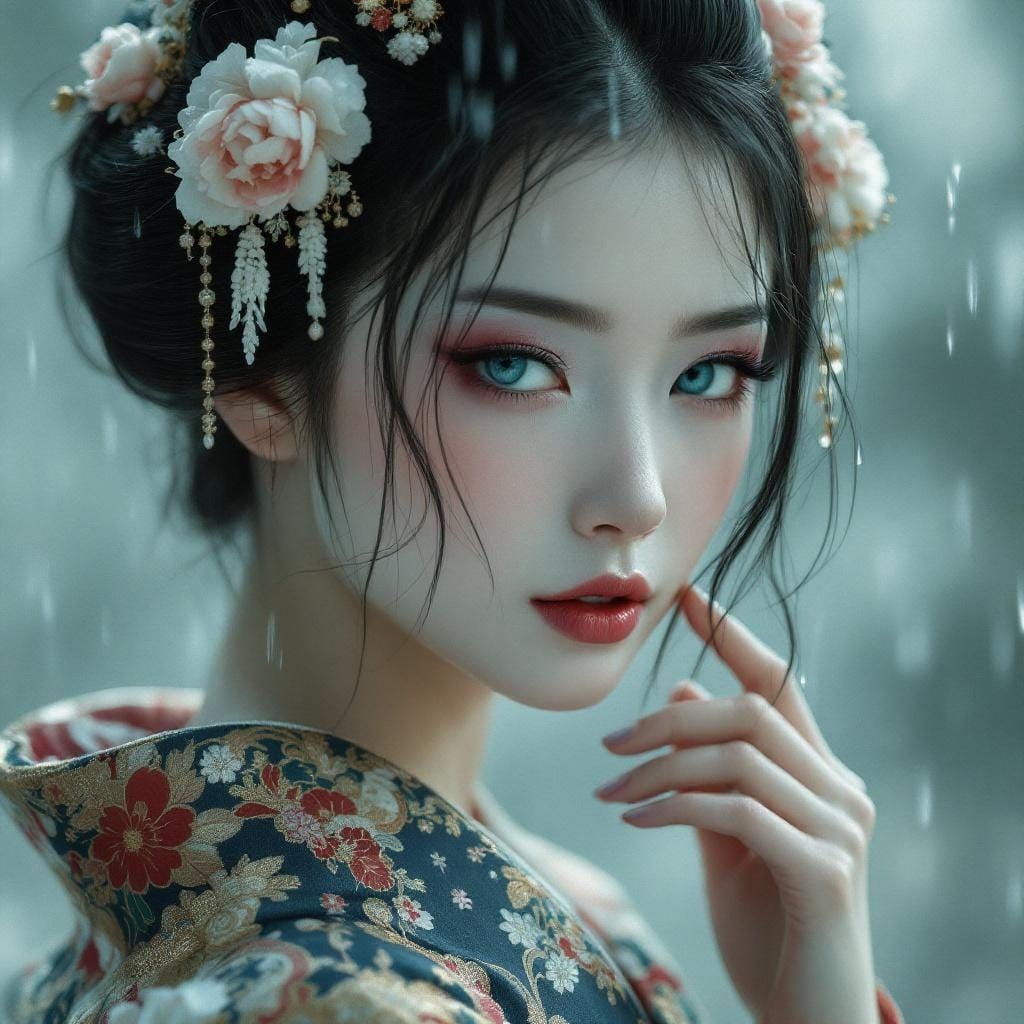 Geisha with Sapphire Eyes in Rainy Rococo Style
