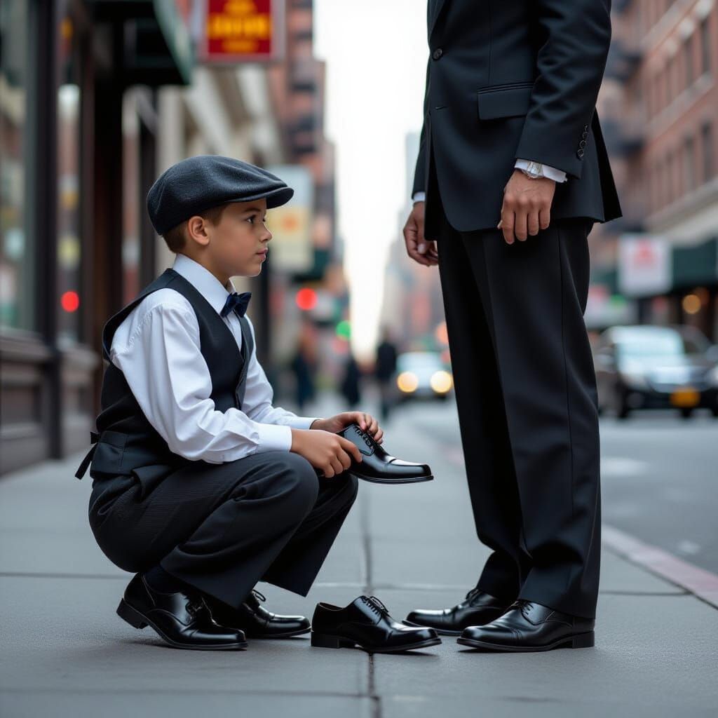 Shoeshine Boy in Cityscape Street Scene