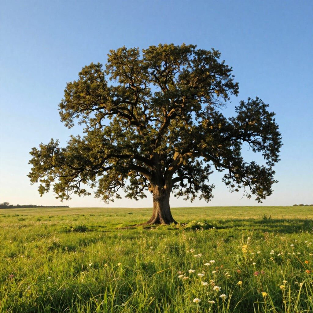 Ancient Oak in Sun-Drenched Meadow Landscape Painting