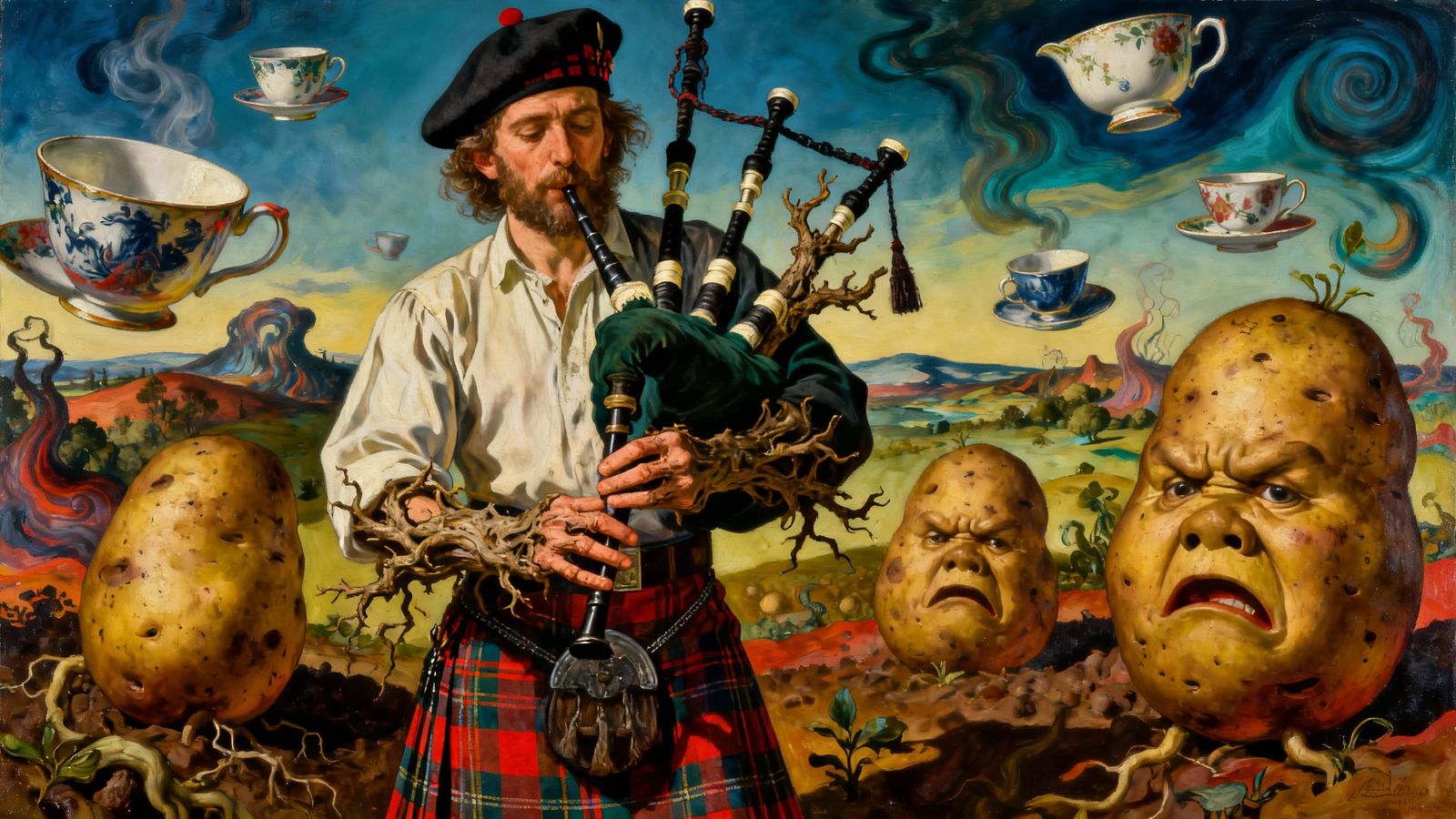 Surreal Scotsman Playing Bagpipes in Bizarre Landscape
