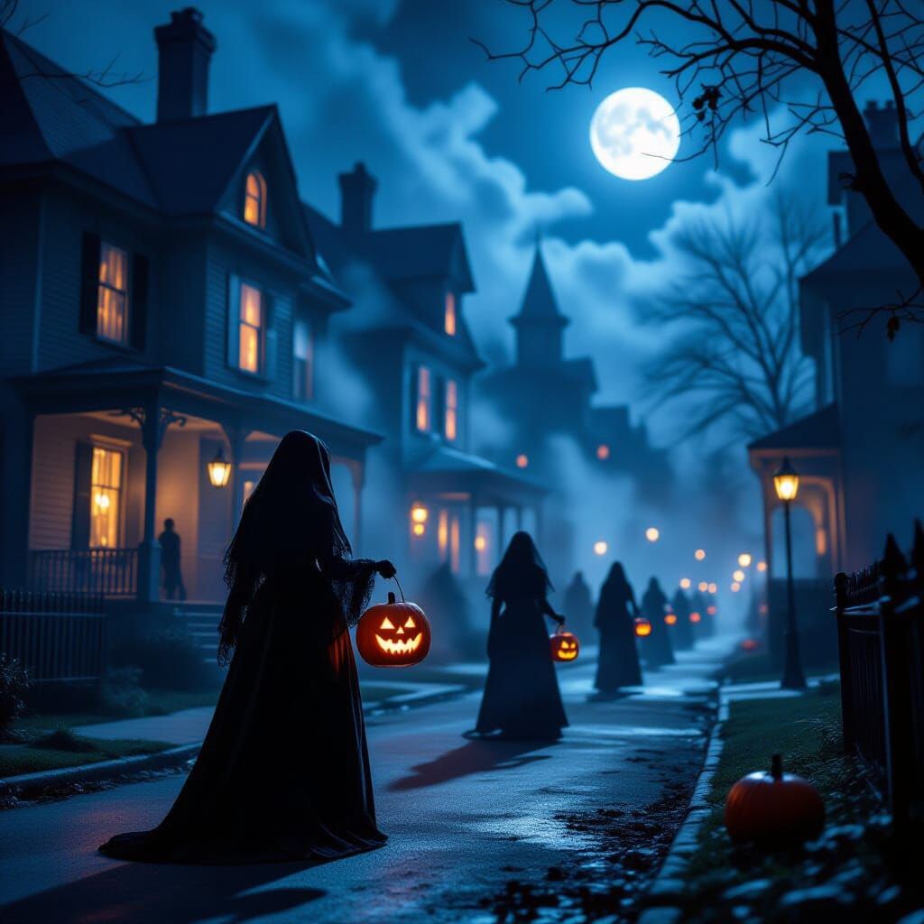 Eerie Halloween Night With Haunted Houses and Spooky Figures