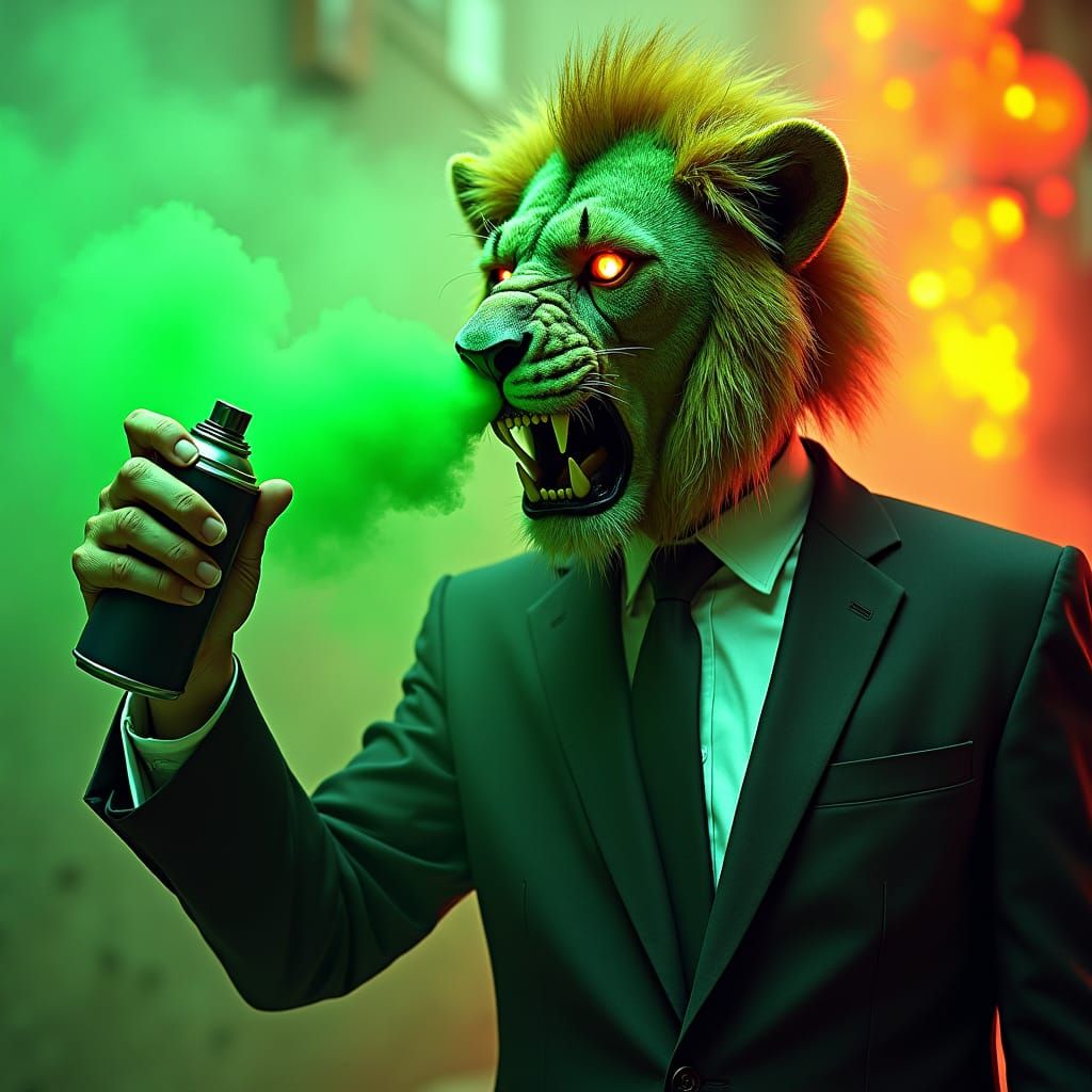 Lion-Headed Man Spraying Paint: Concept Art Style