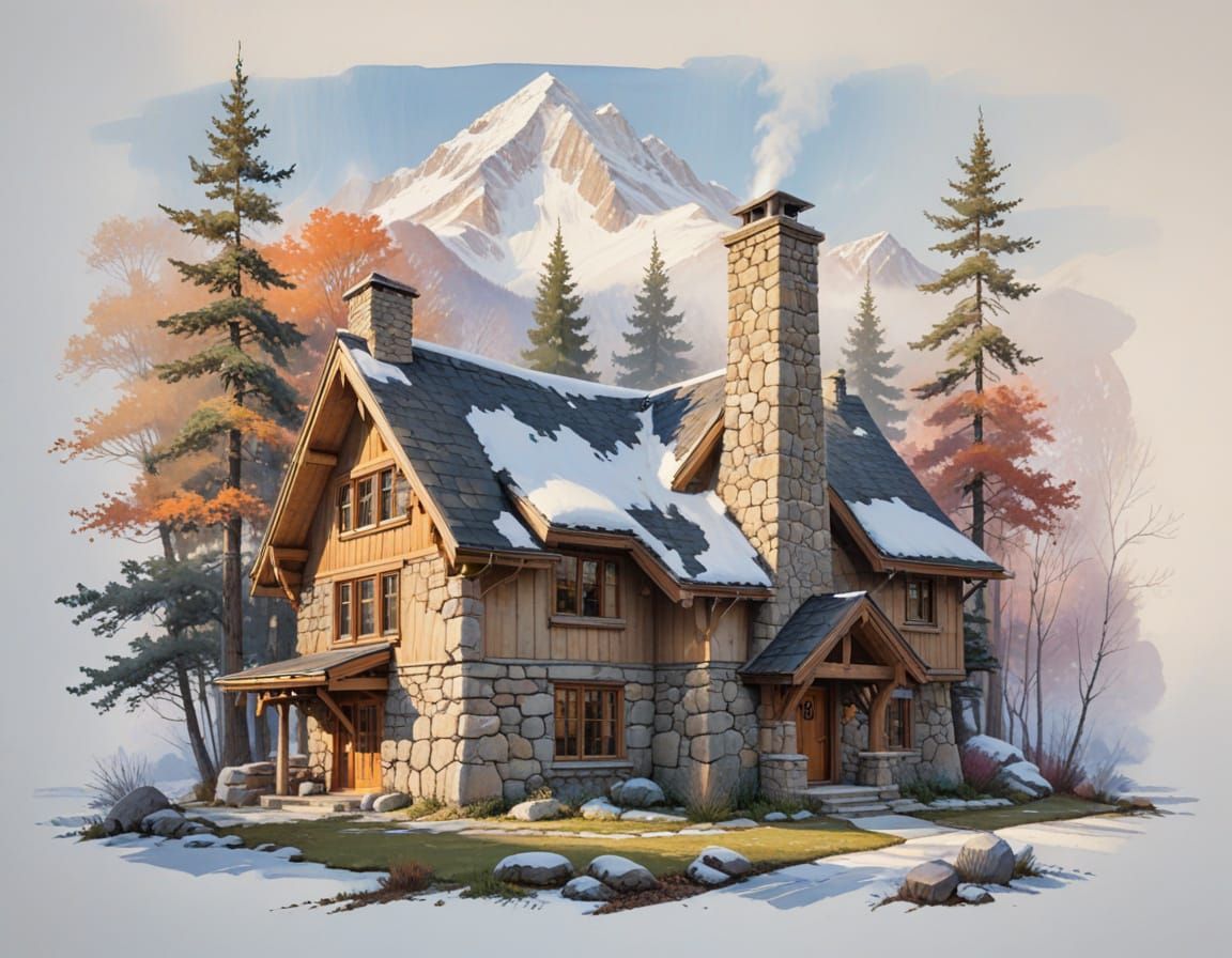 Cozy Cabin in Snowy Landscape with Painterly Sky