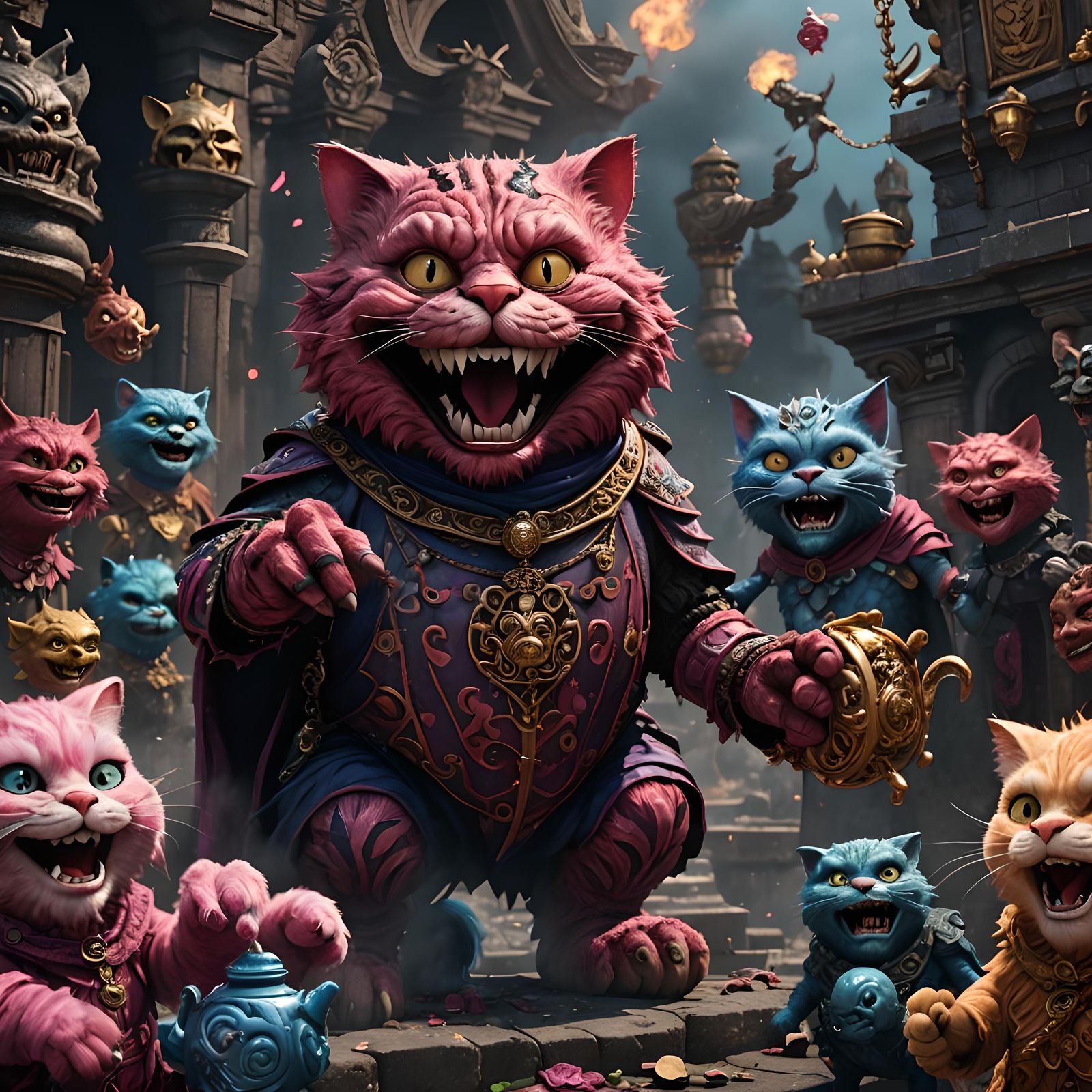 Evil Bagpuss Laughing with Hades in Detailed Matte Painting