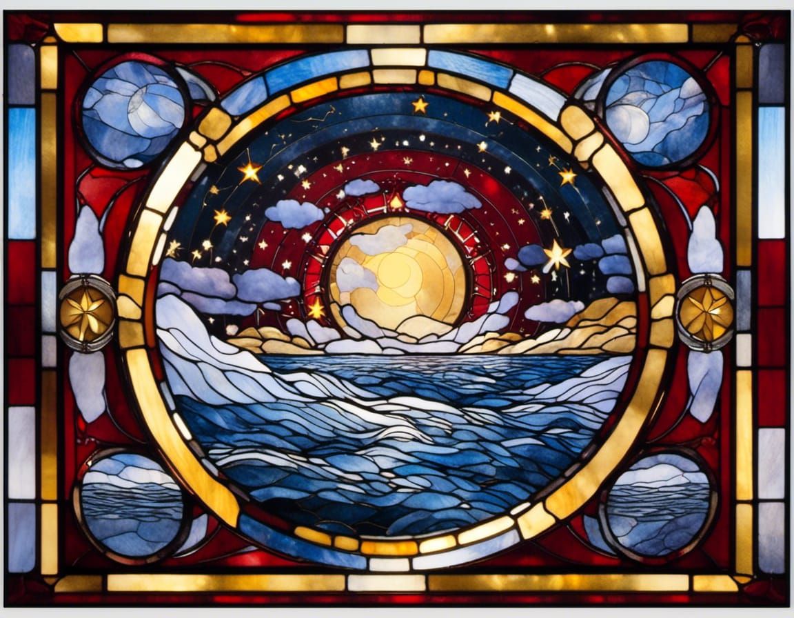 Stained Glass Window with Flowing Water and Stars