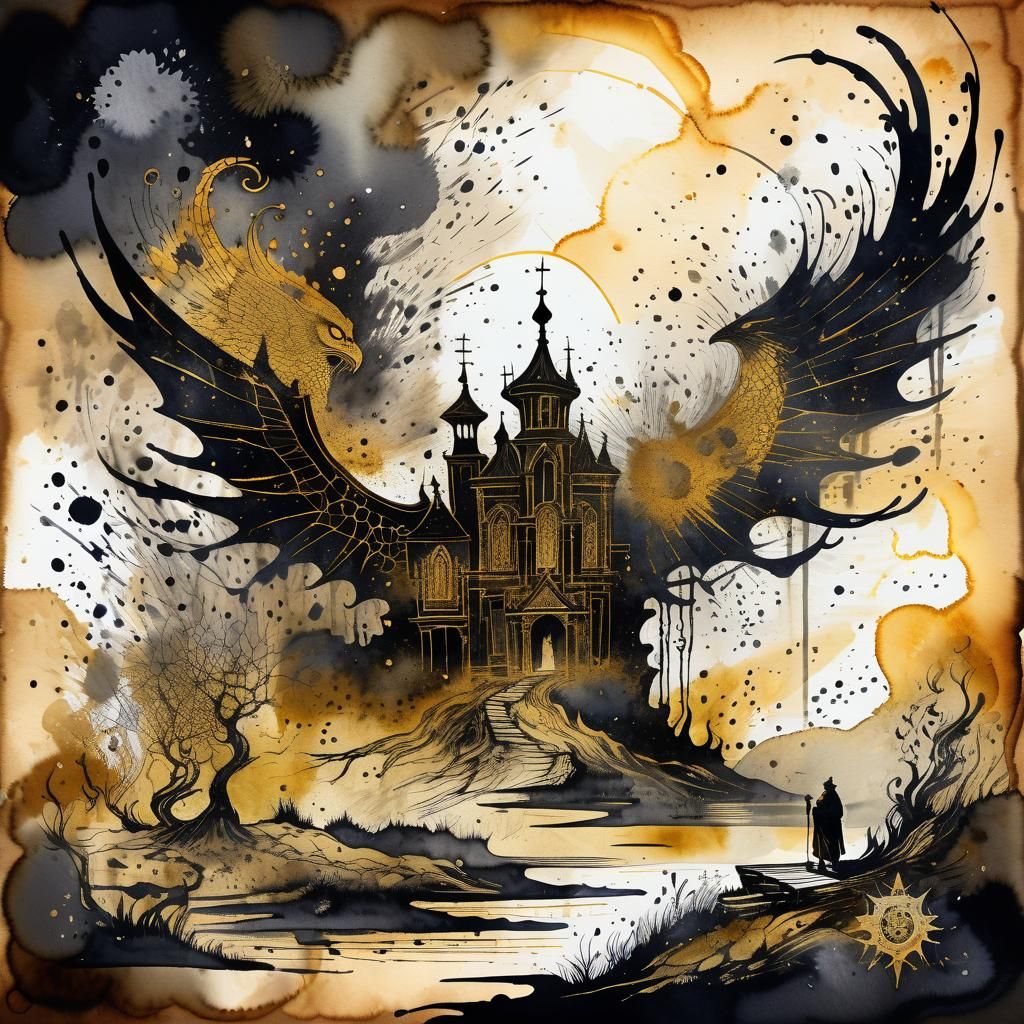 Ethereal Watercolor Ink Art on Gold-Stained Parchment