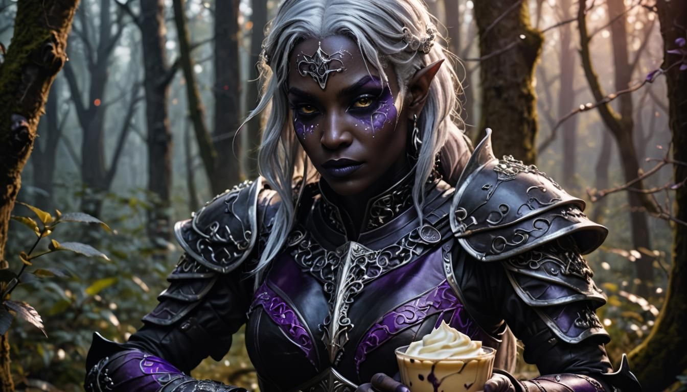 Drow Warrior Enjoys Vanilla Pudding in Mystical Forest