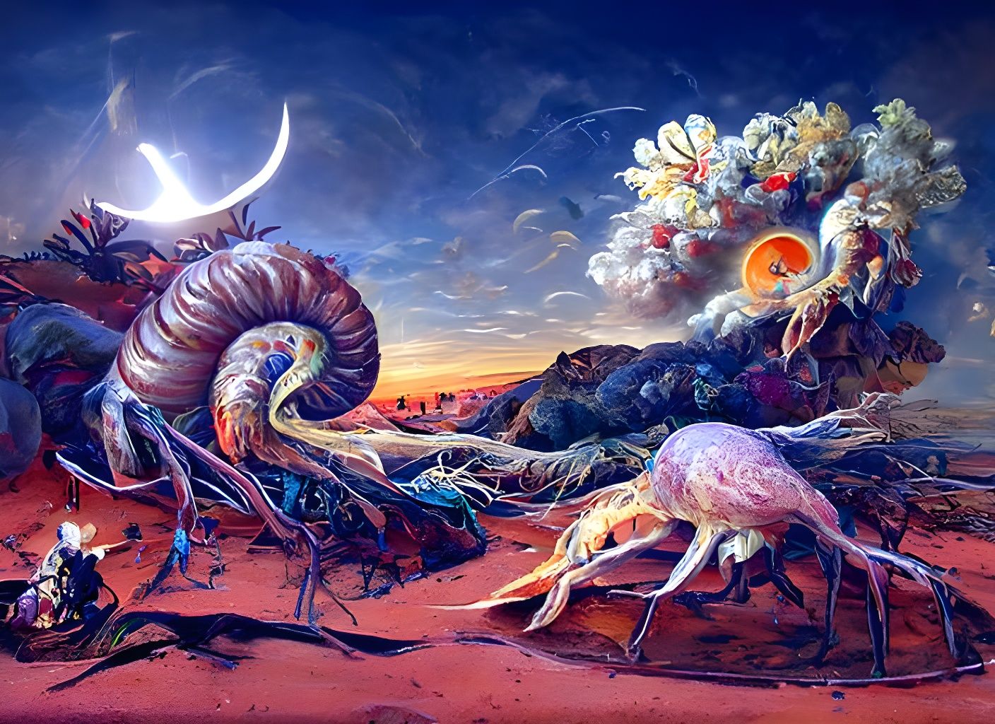 Desert Sunset with Creatures: Digital Surrealism