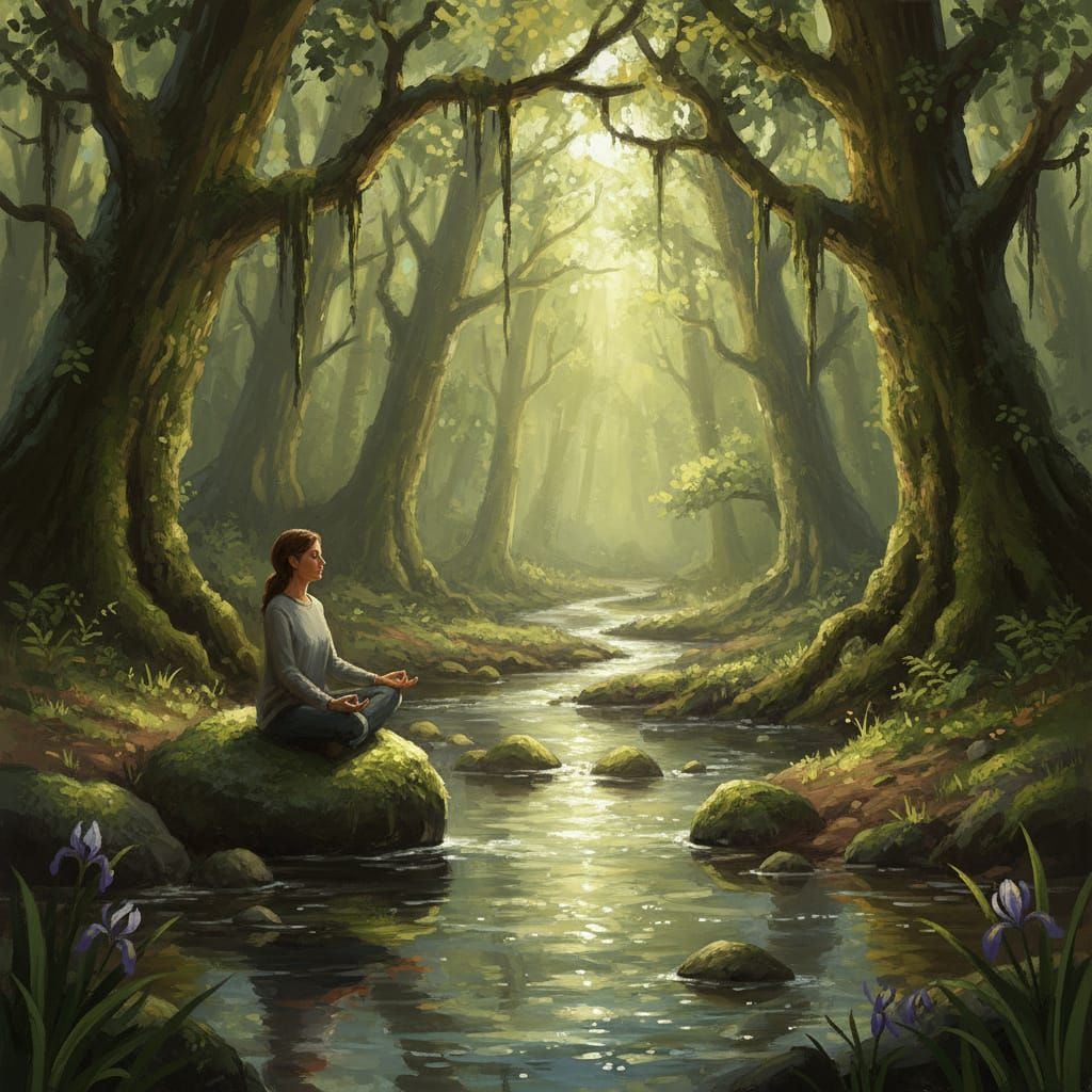 Tranquil Forest Meditation Scene Beside Flowing Stream