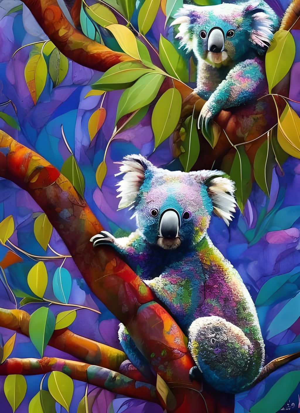 Colourful Koalas Munching Eucalyptus Leaves, Gouache Illustr...
