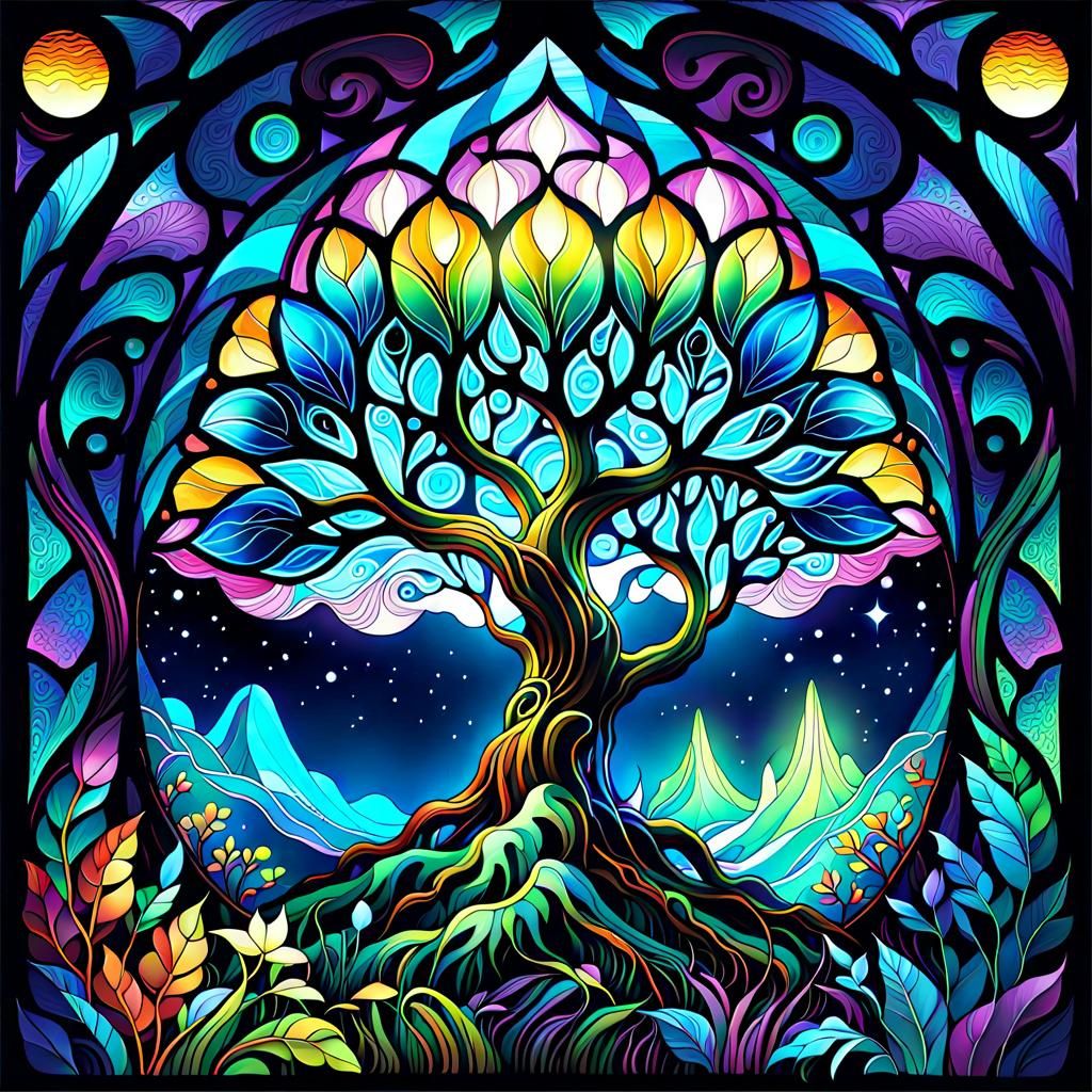 Bioluminescent Dryad in Stained Glass Psychedelic Art
