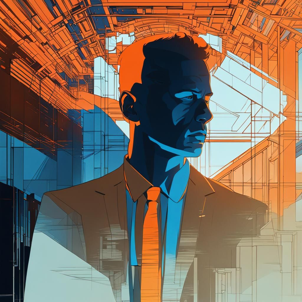 Minimalist Digital Art: Man in Dimly Lit Chamber