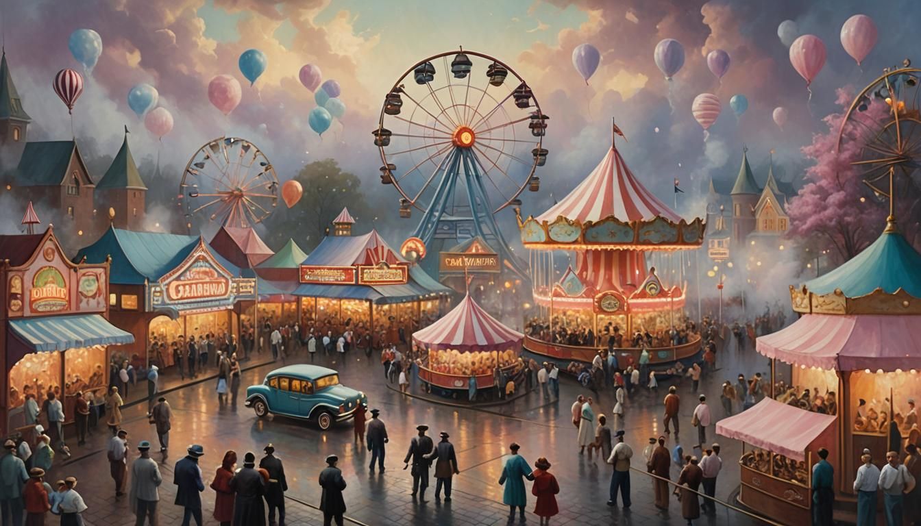 Whimsical Carnival Scene as Oil Painting