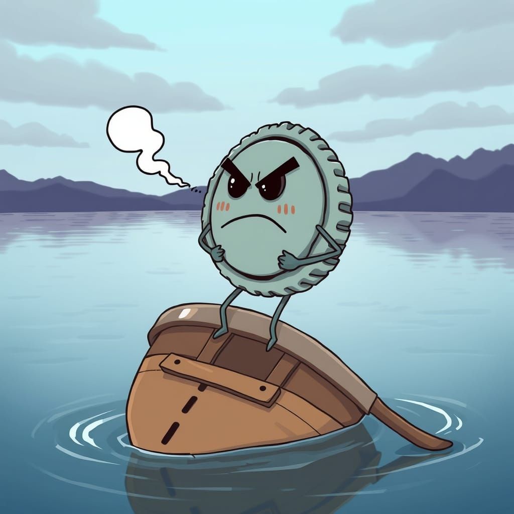 Whimsical Metal Cap Sighs on a Capsized Rowboat
