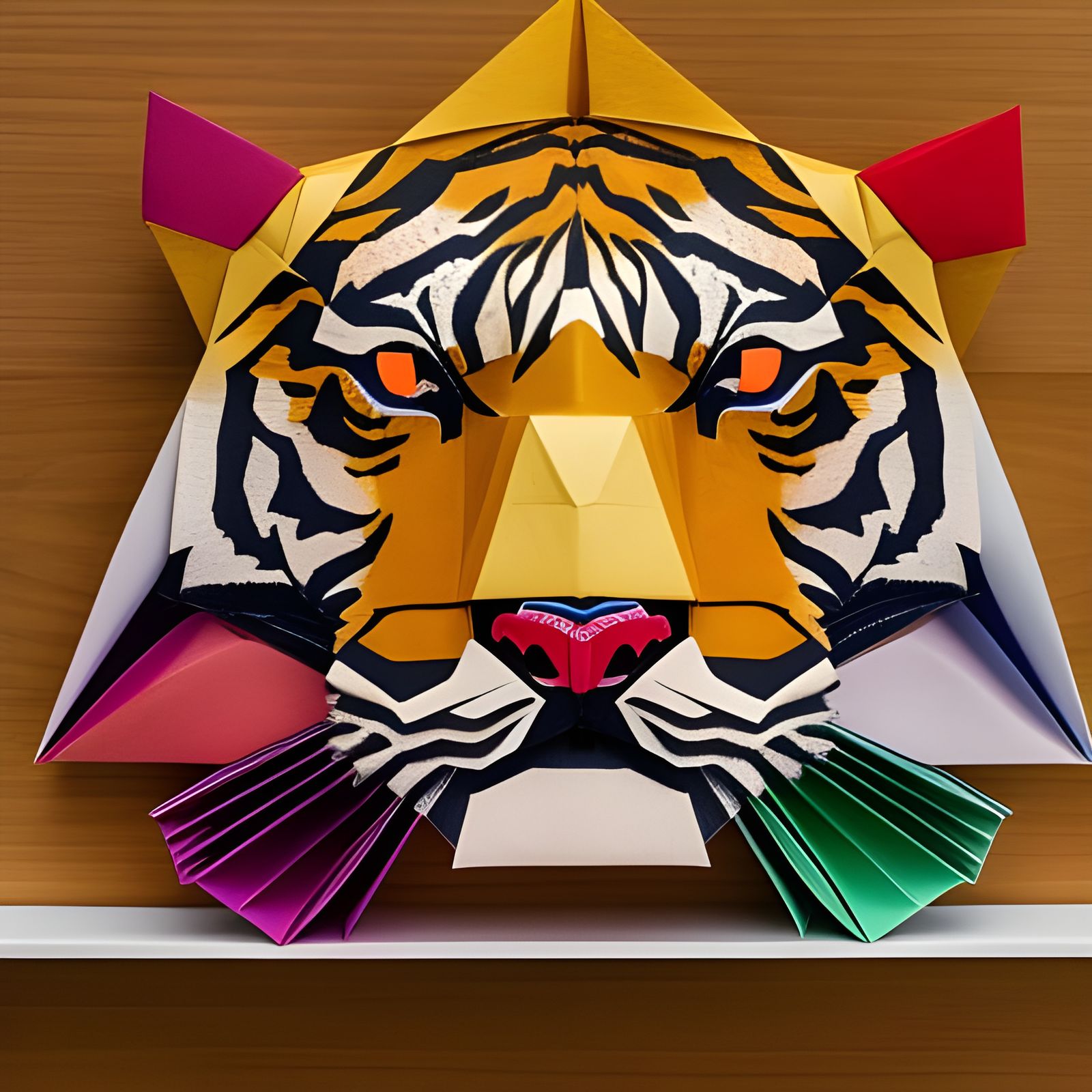 Detailed Origami Tiger Sculpture on Wooden Shelf