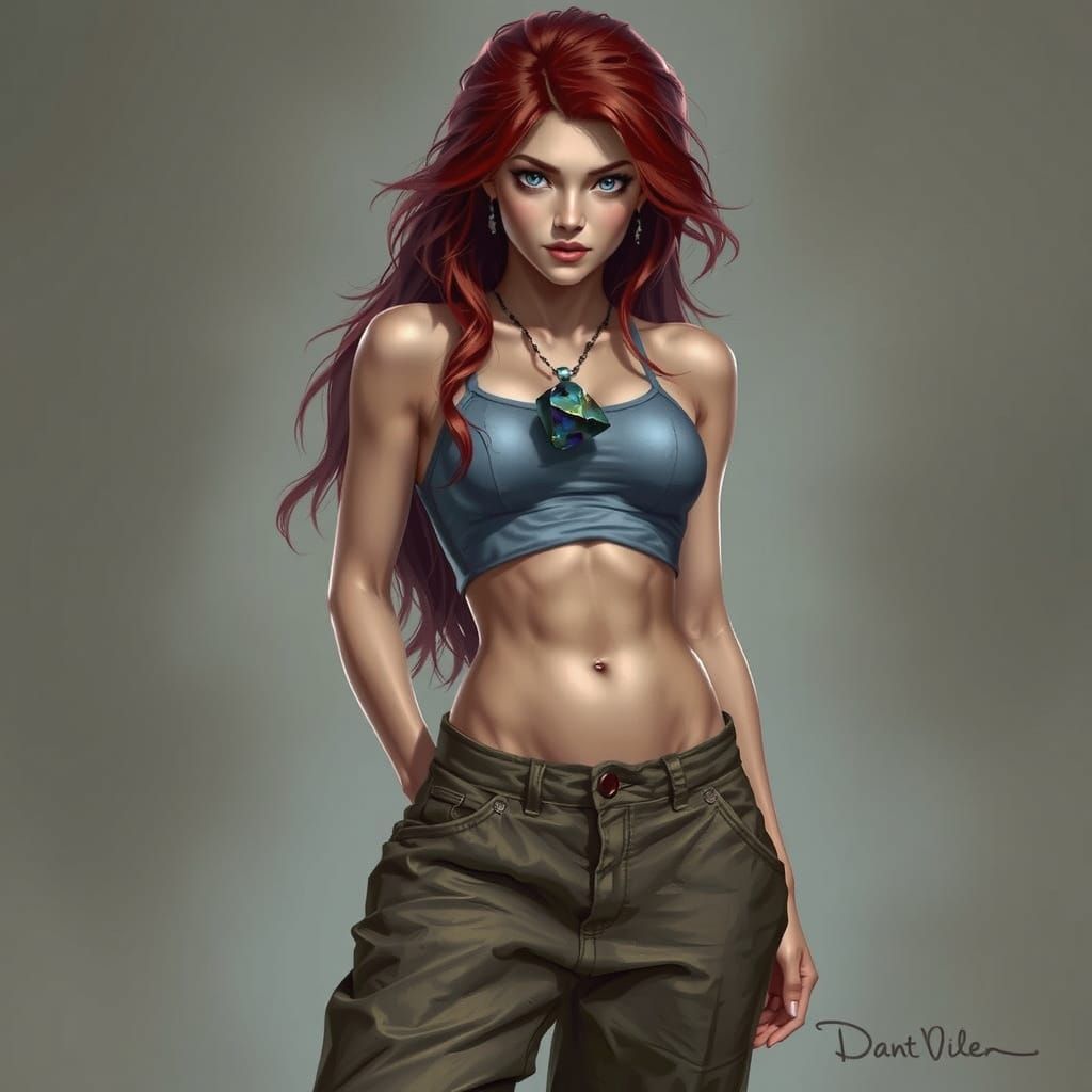 Confident Woman in Crimson Bodice and Indigo Pants