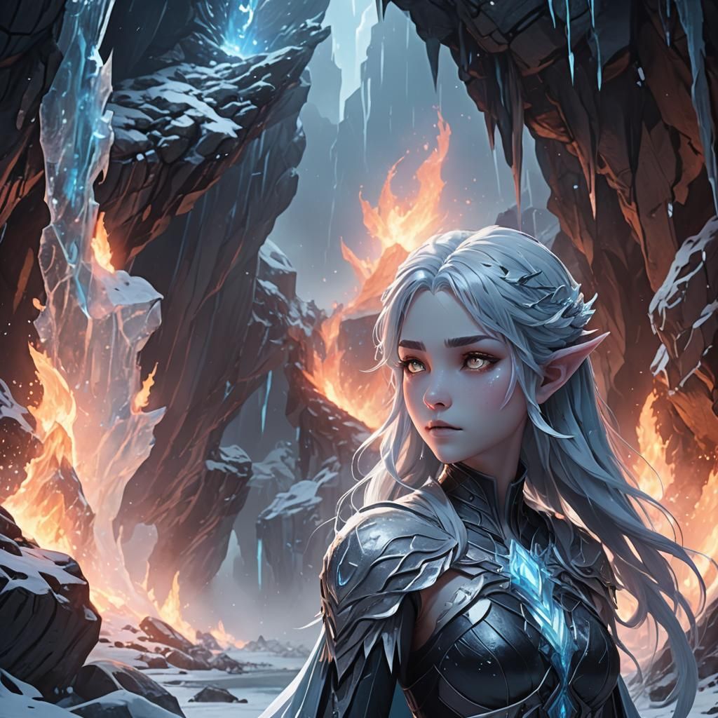 Ghost Elf in Icy Cavern with Moonlit Flames