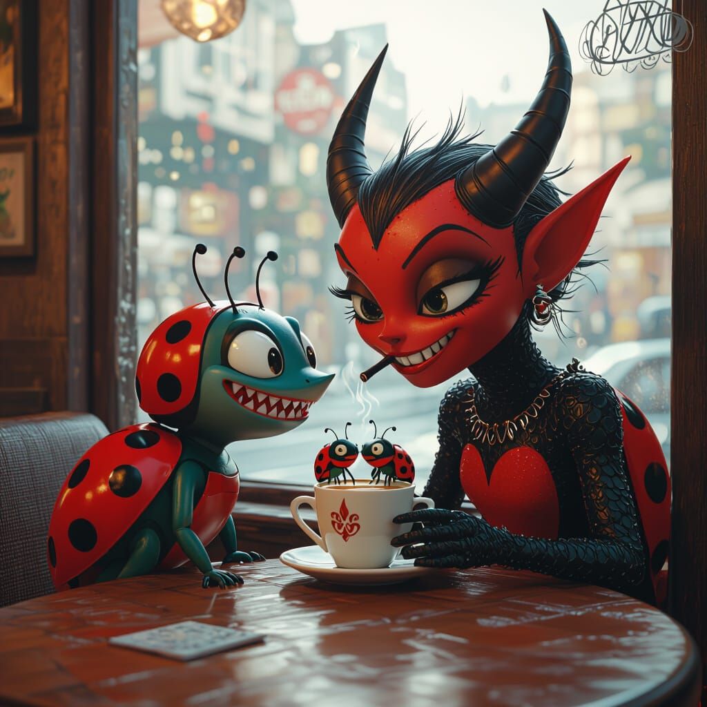 Cartoon Devil Drinks Coffee with Kissing Ladybugs and Sharkf...