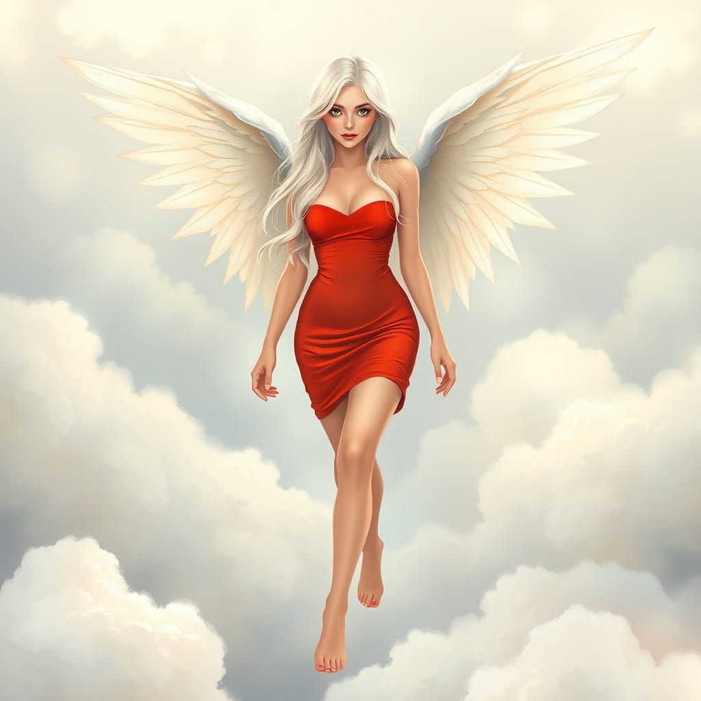 Whimsical Angelic Maiden in Red Mini Skirt and Feathery Wing...