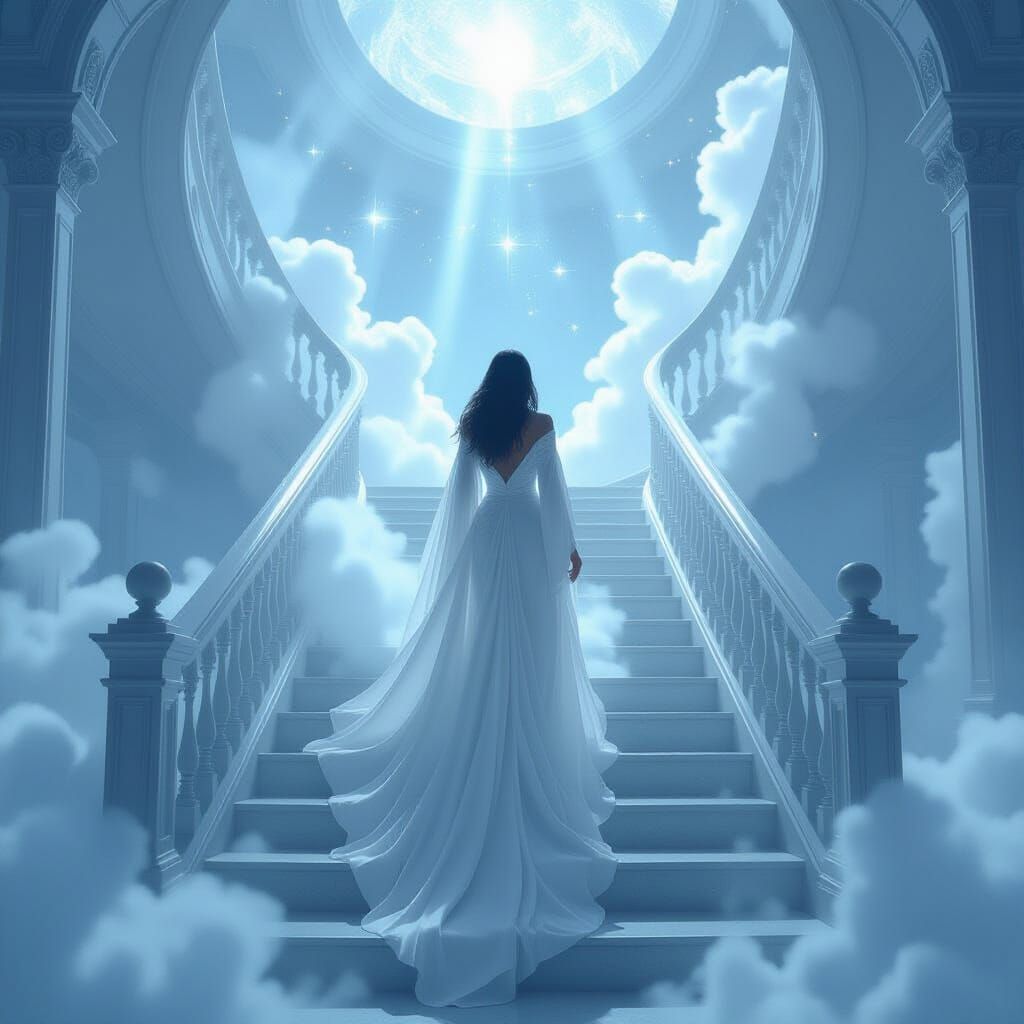 Ethereal Woman Ascends to Heaven in Dreamy Concept Art