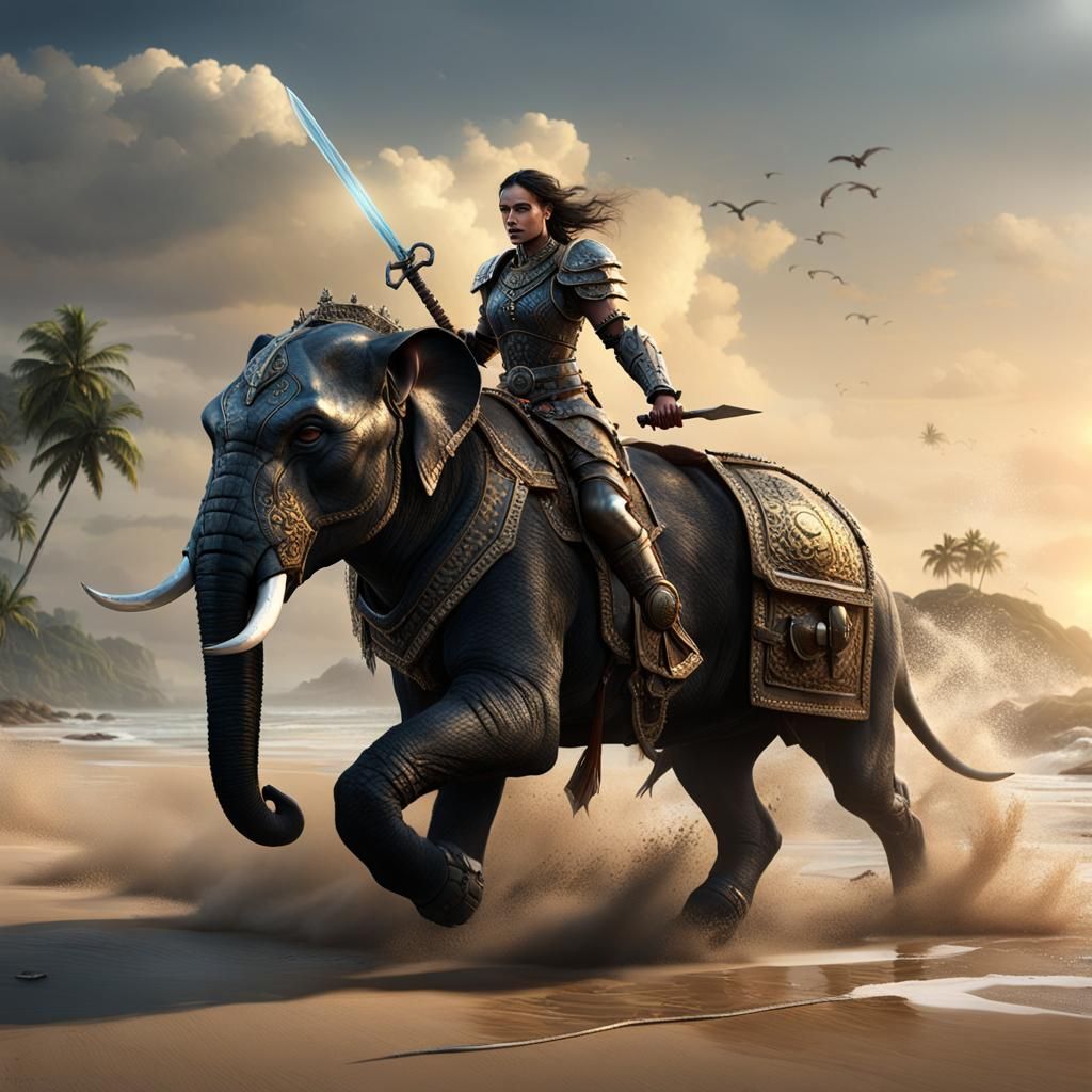 Panther Warrior Rides Elephant: Dark Fantasy Art