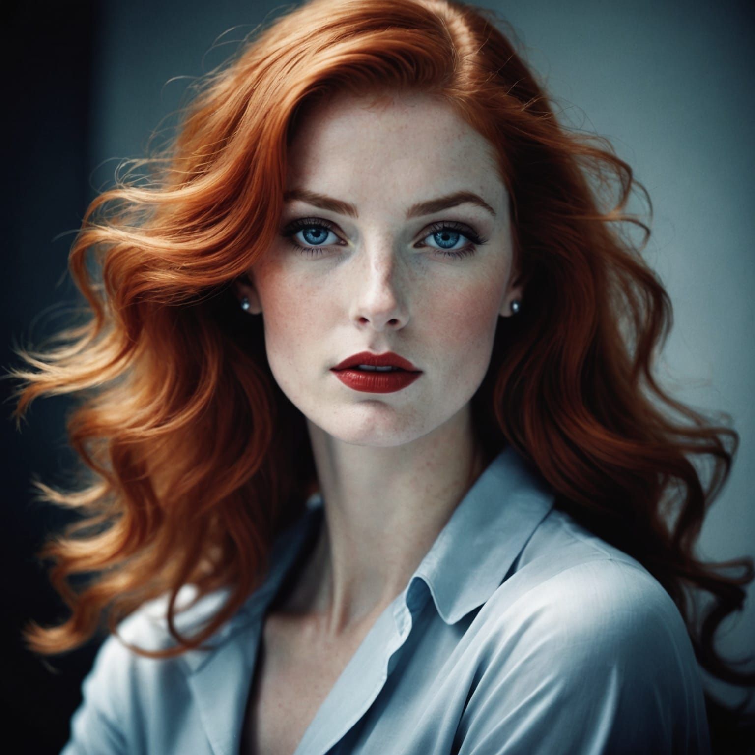 Red-Haired Woman with Blue Eyes in Noir Style