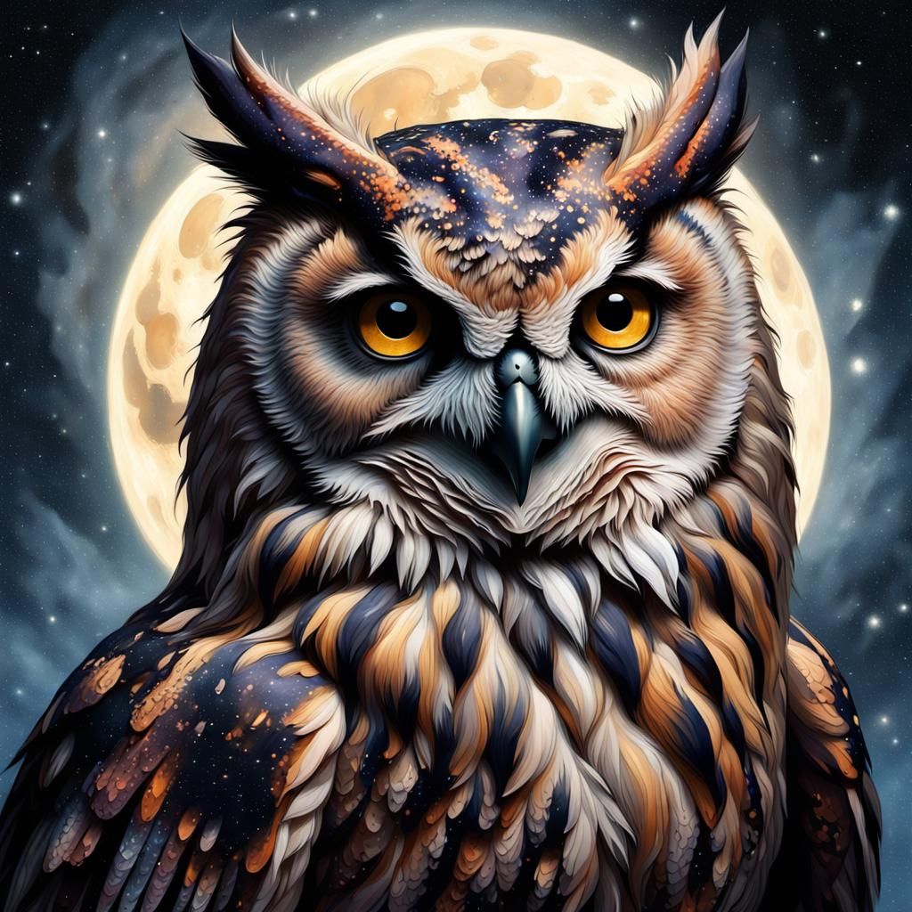 Starry Owl in Galactic Sky: Impressionist Impasto Art