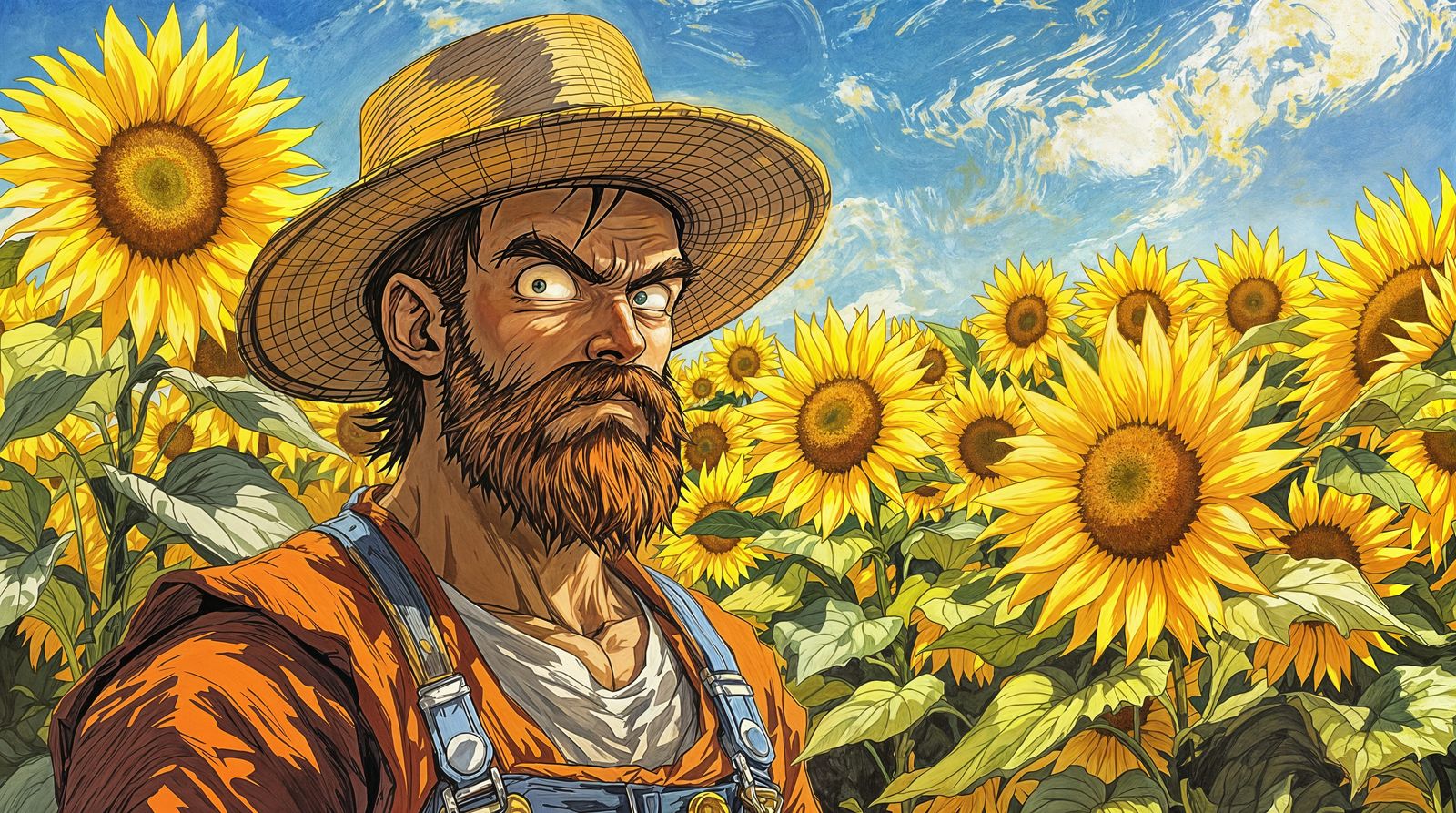 Goku as Vincent Van Gogh in a Sunflower Field