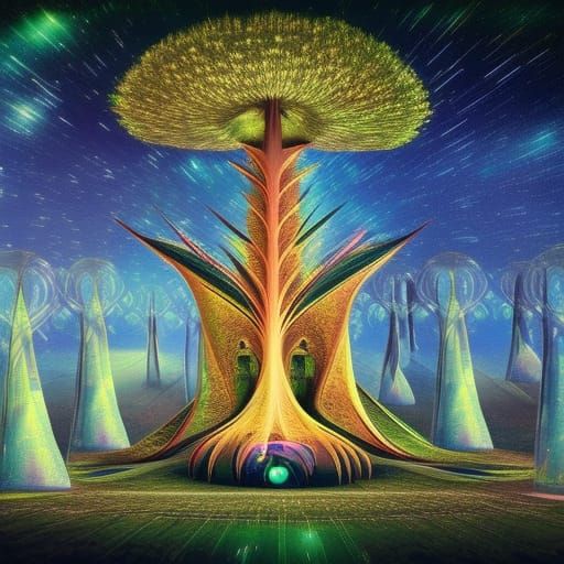 Cosmic Treehouse Spaceship with Meditating Aliens