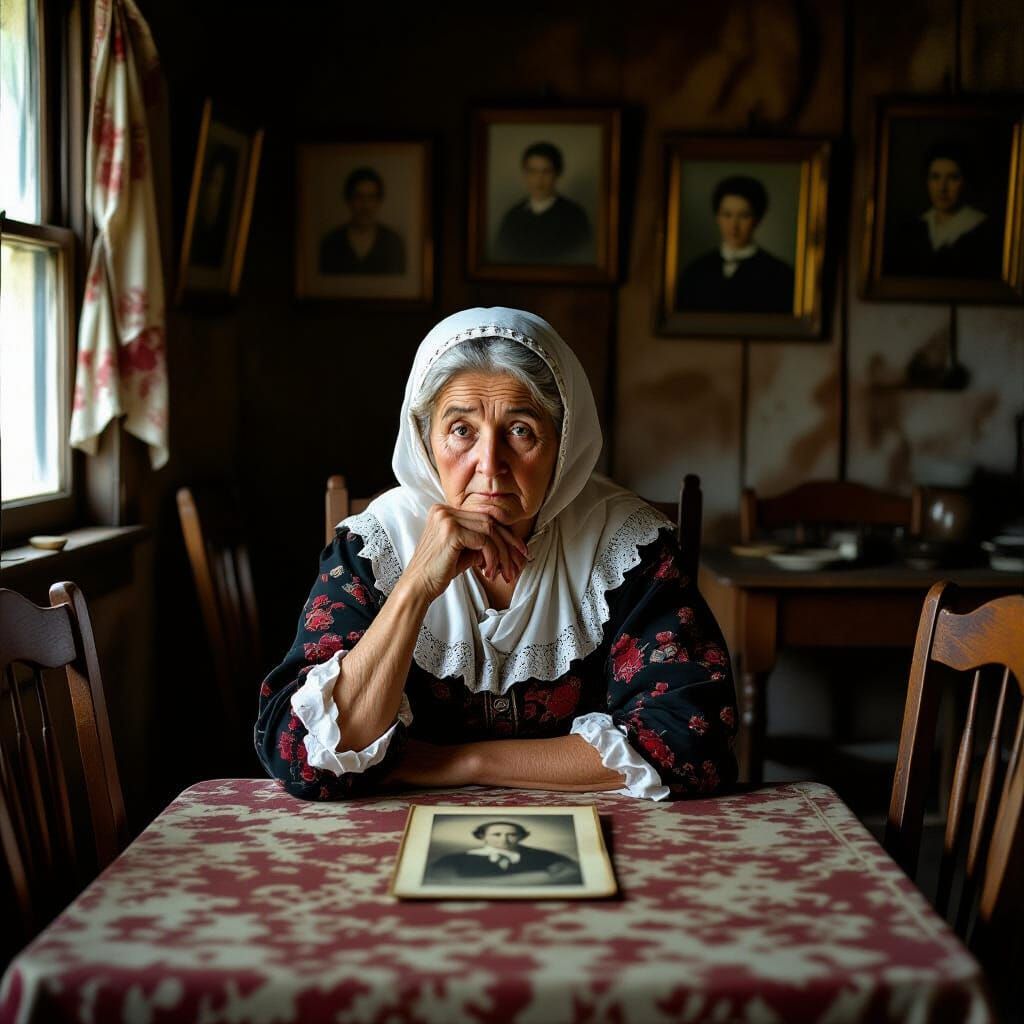 Sorrowful Sicilian Mother in Rustic Cottage