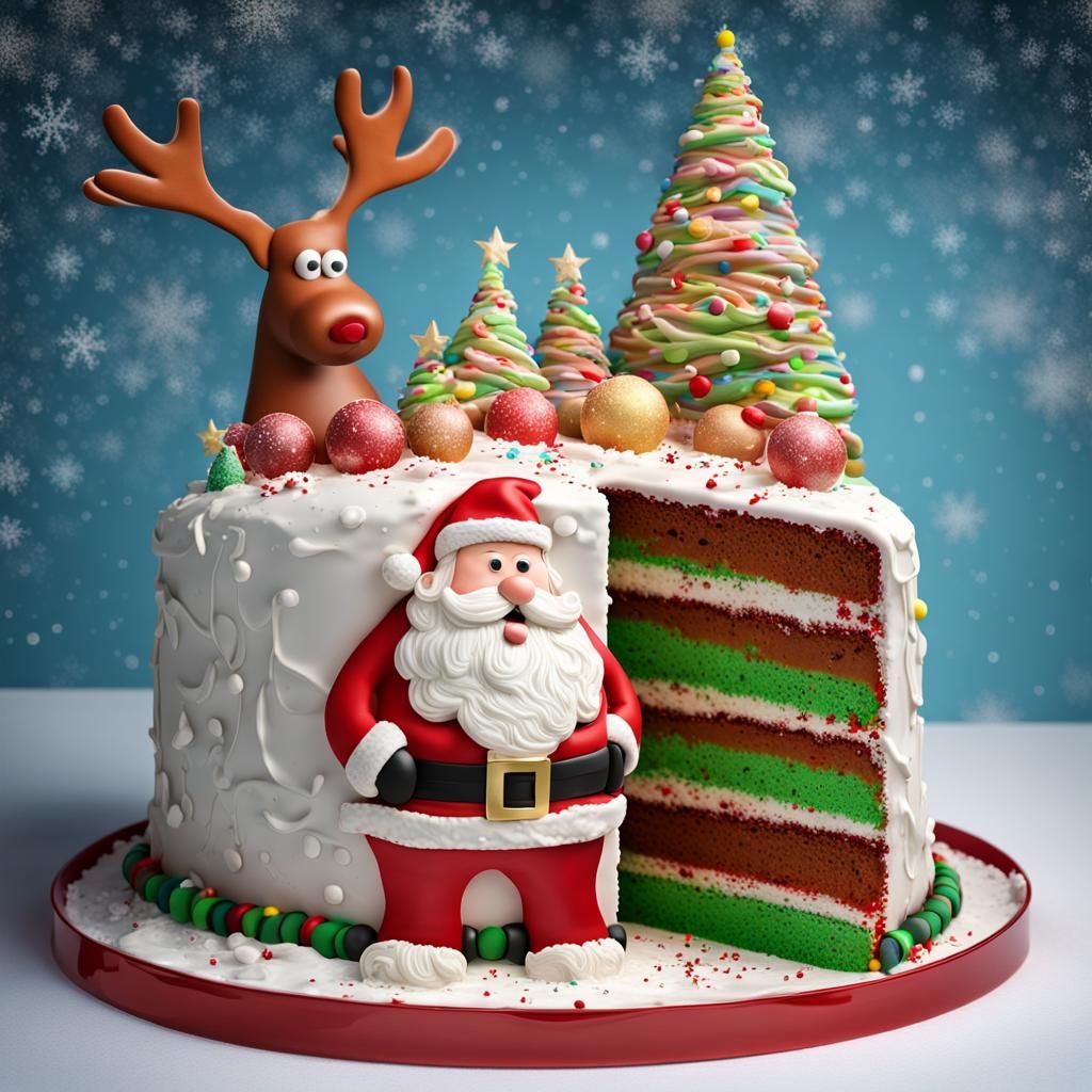 Comical Santa Cake with Reindeer in Snow