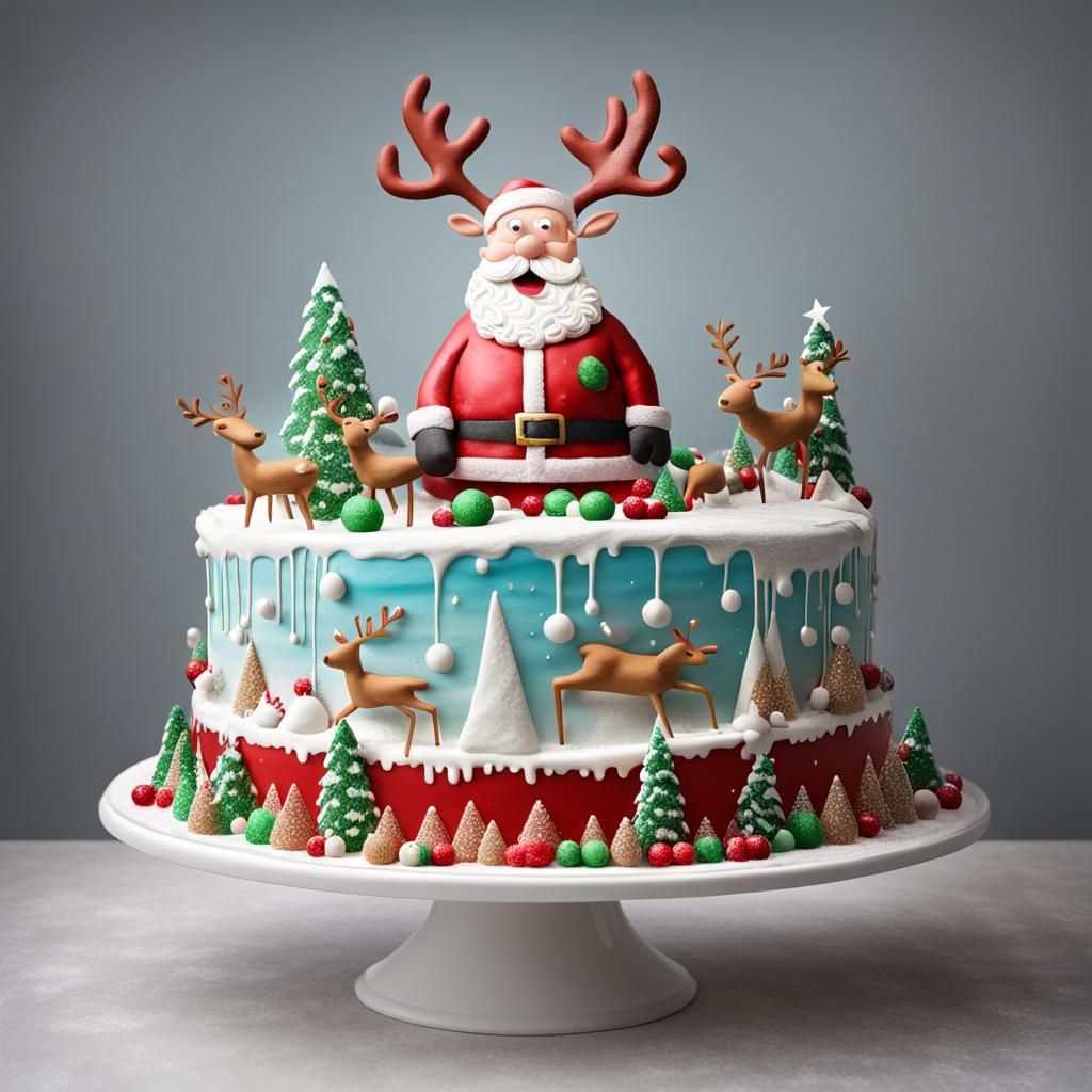 Comical Santa Cake with Reindeer in Photographic Style