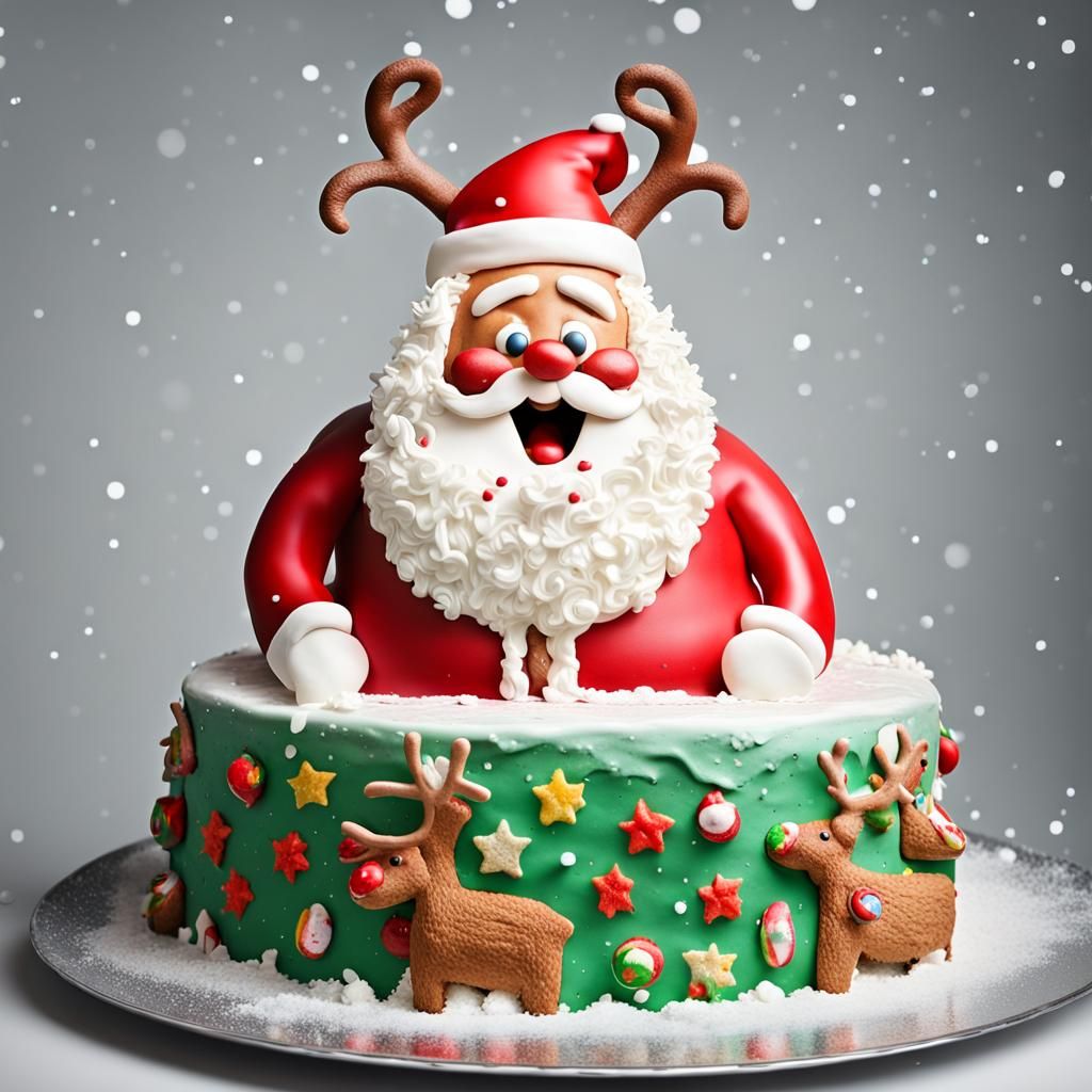 Comical Santa Cake in Snow, Photographic Style