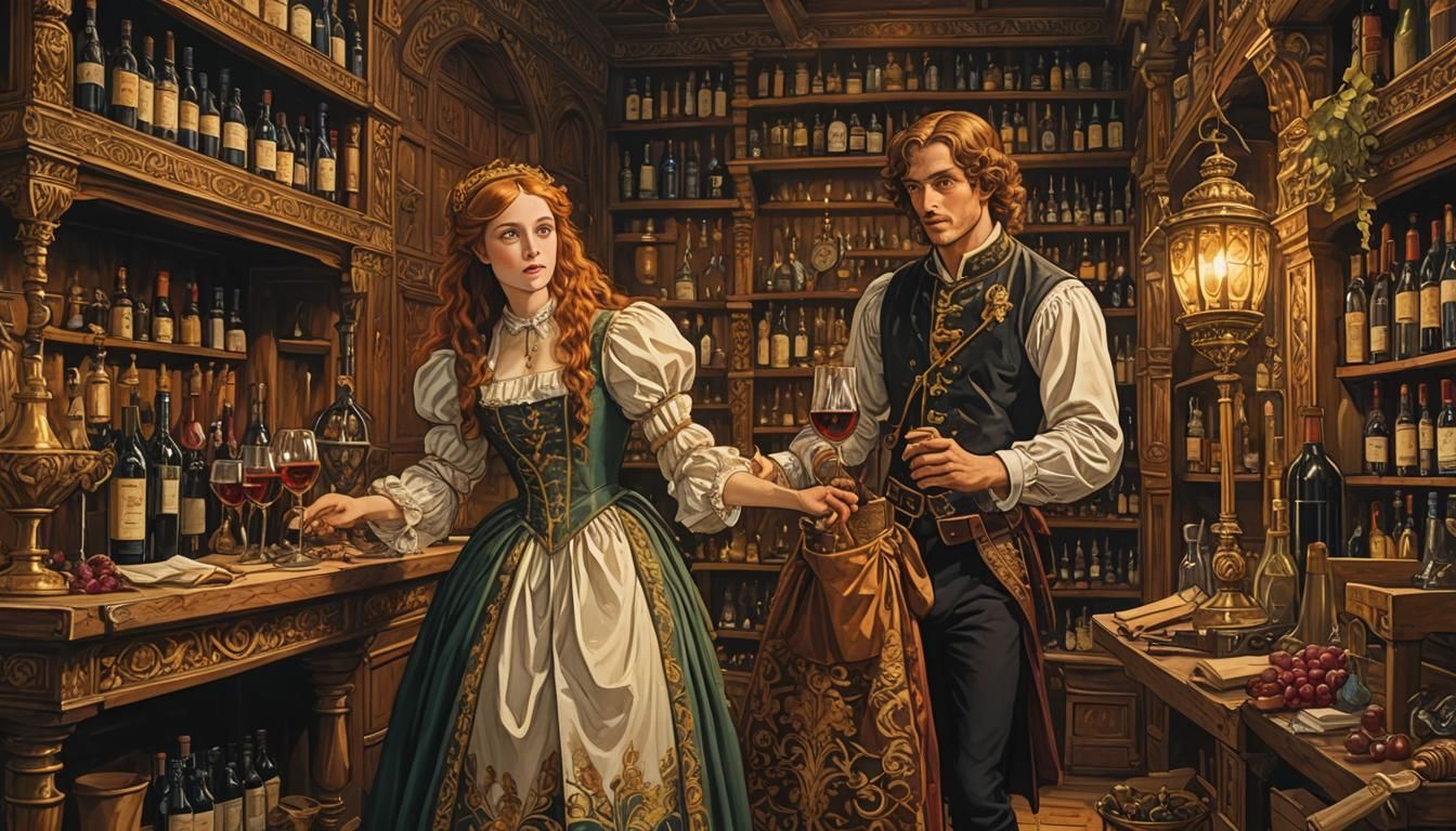 Paladin and Maid in Wine Cellar, Pre-Raphaelite Style