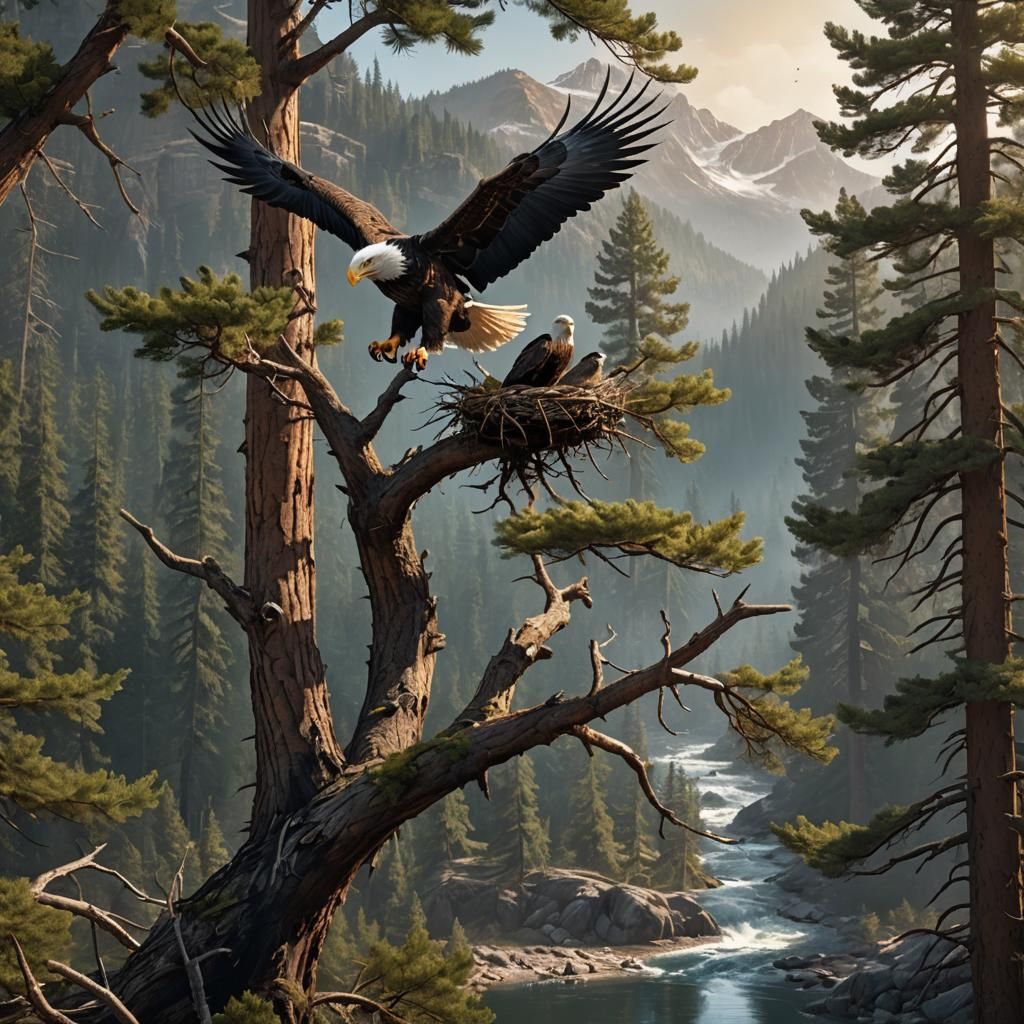 Bald Eagle Family in Mountain Landscape, Digital Painting