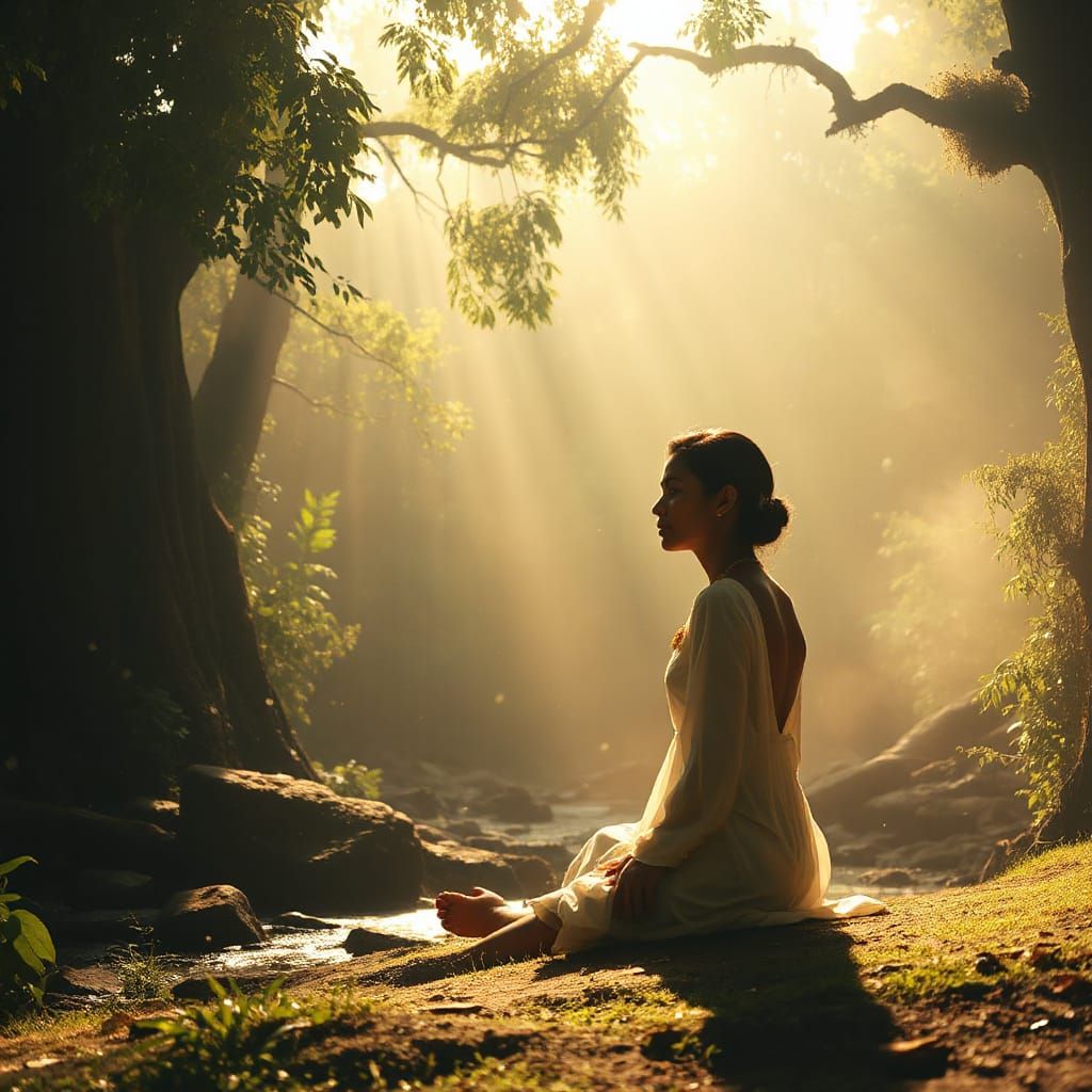 Meditating Woman in Sun-Dappled Forest Clearing