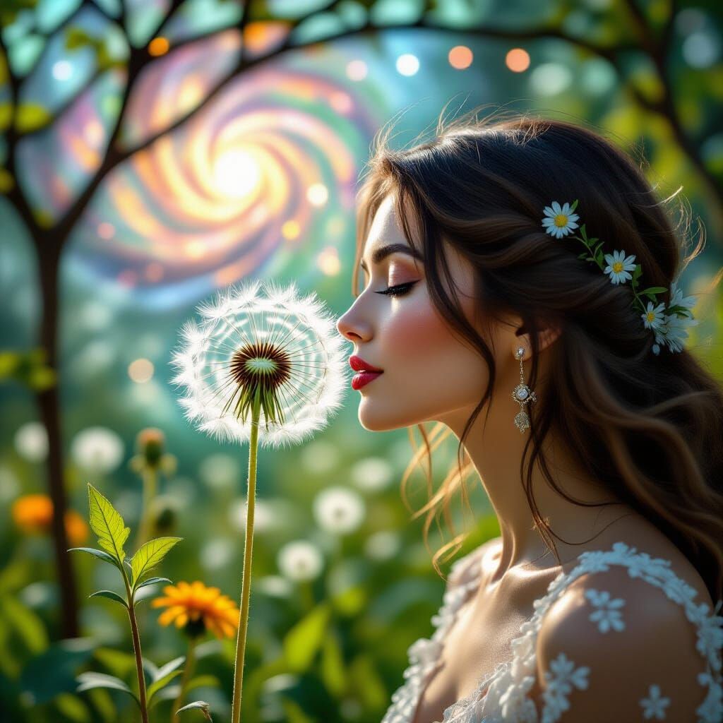 String Woman Kisses Garden with Dandelion Seed